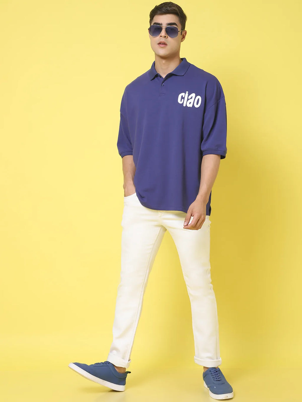 Navy Blue Oversized Polo T-shirt For Men With Ciao Print