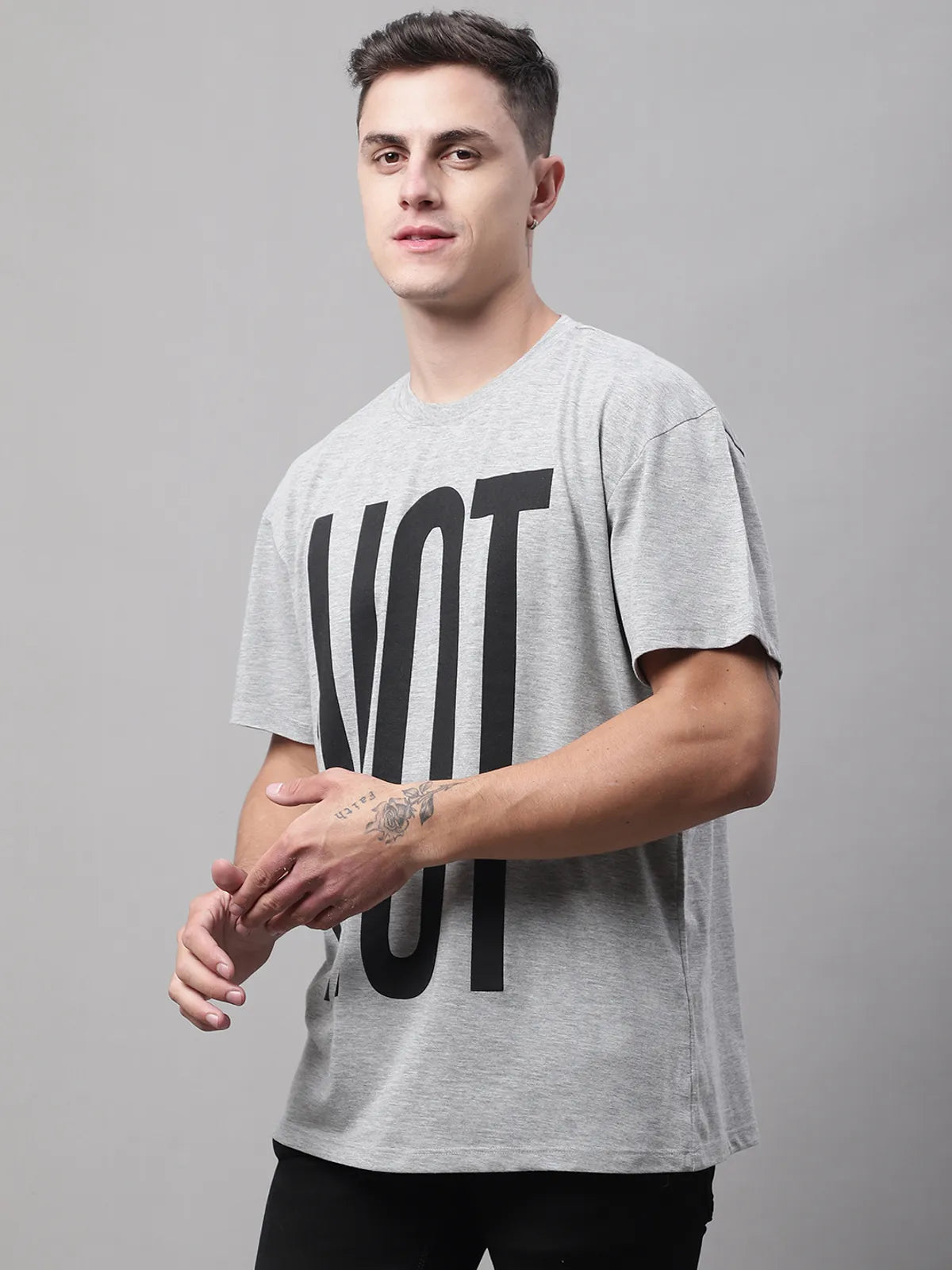 Grey Melange Cotton Printed Oversized T-shirt For Men
