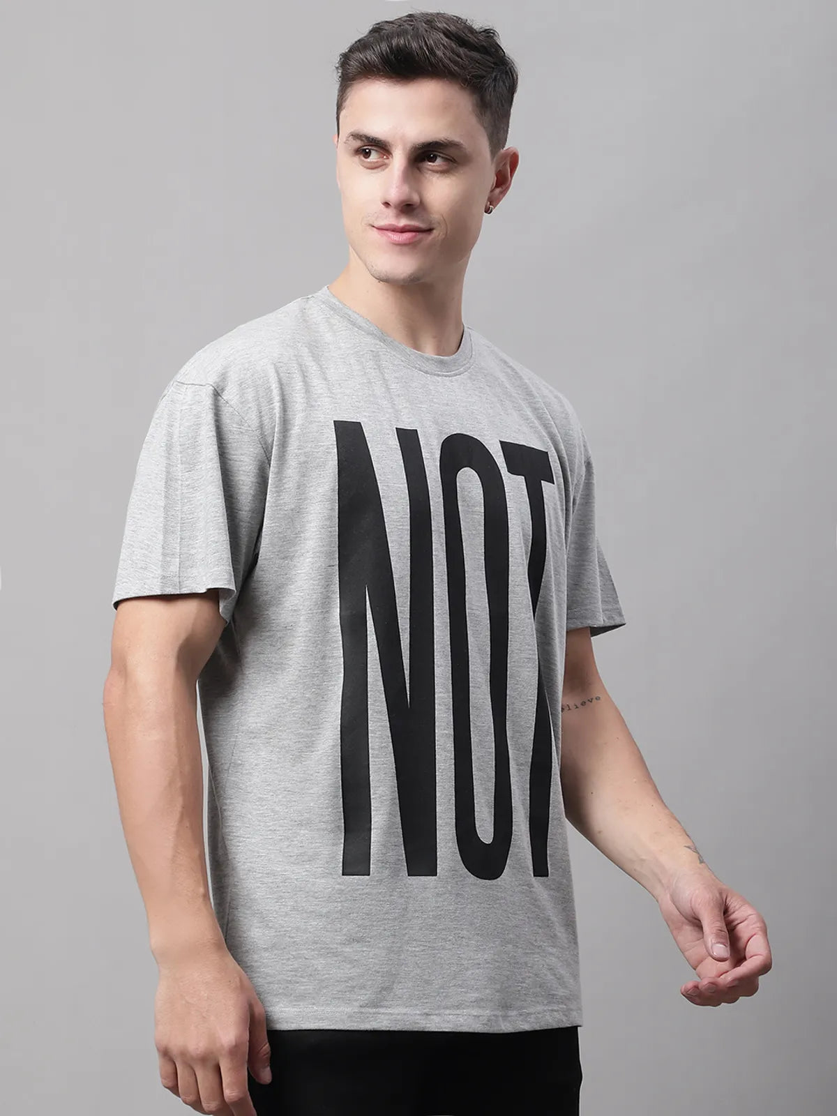 Grey Melange Cotton Printed Oversized T-shirt For Men