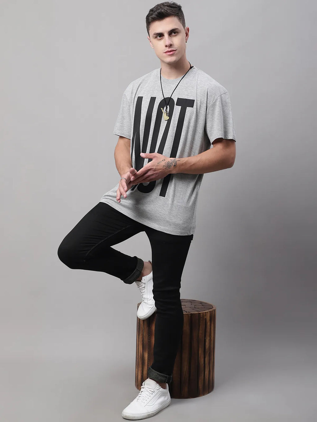 Grey Melange Cotton Printed Oversized T-shirt For Men