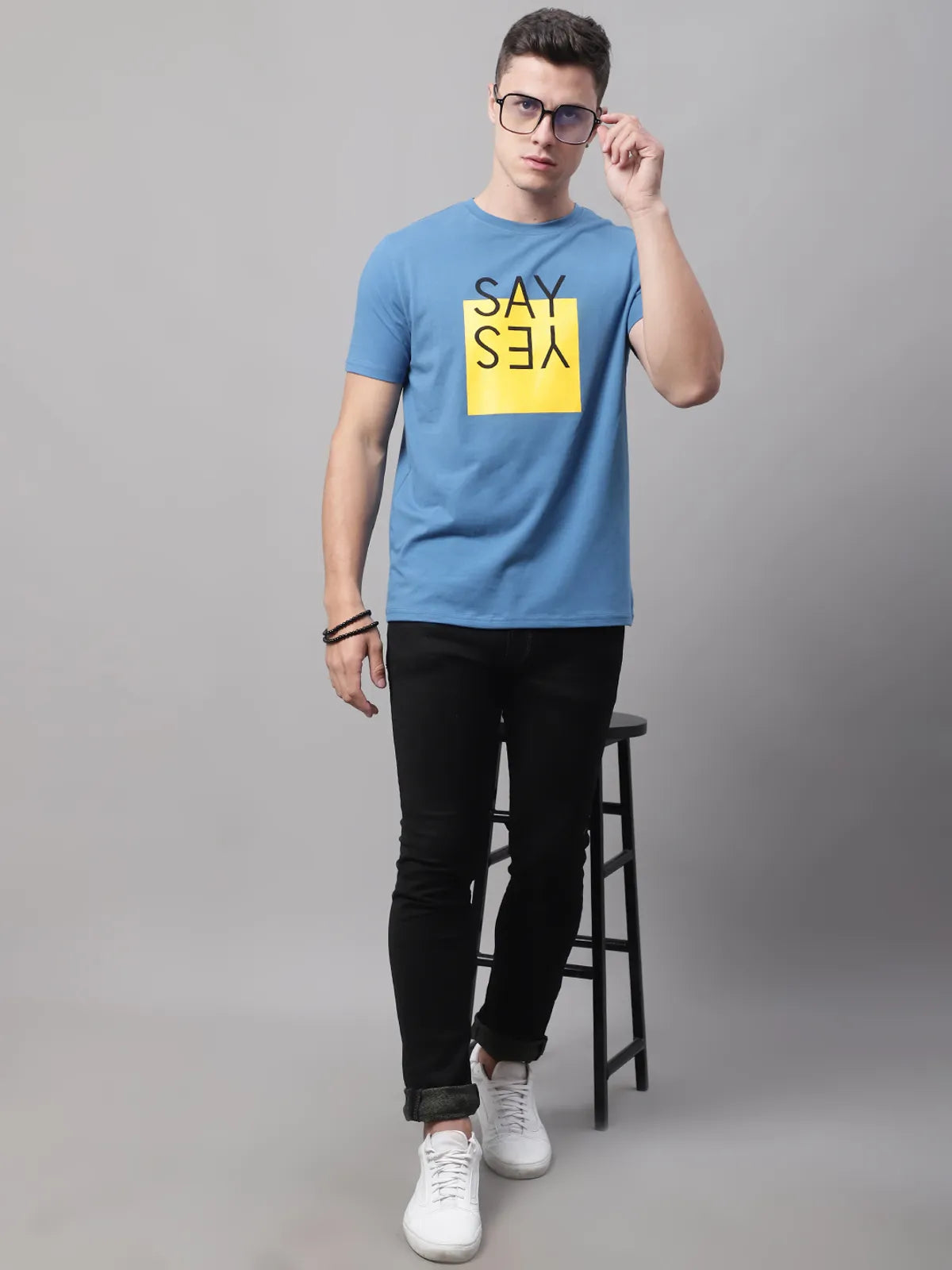 Blue-Printed Regular-Fit T-shirt For Men