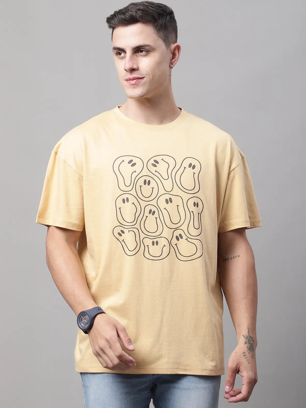 Beige Cotton Printed Oversized T-shirt For Men
