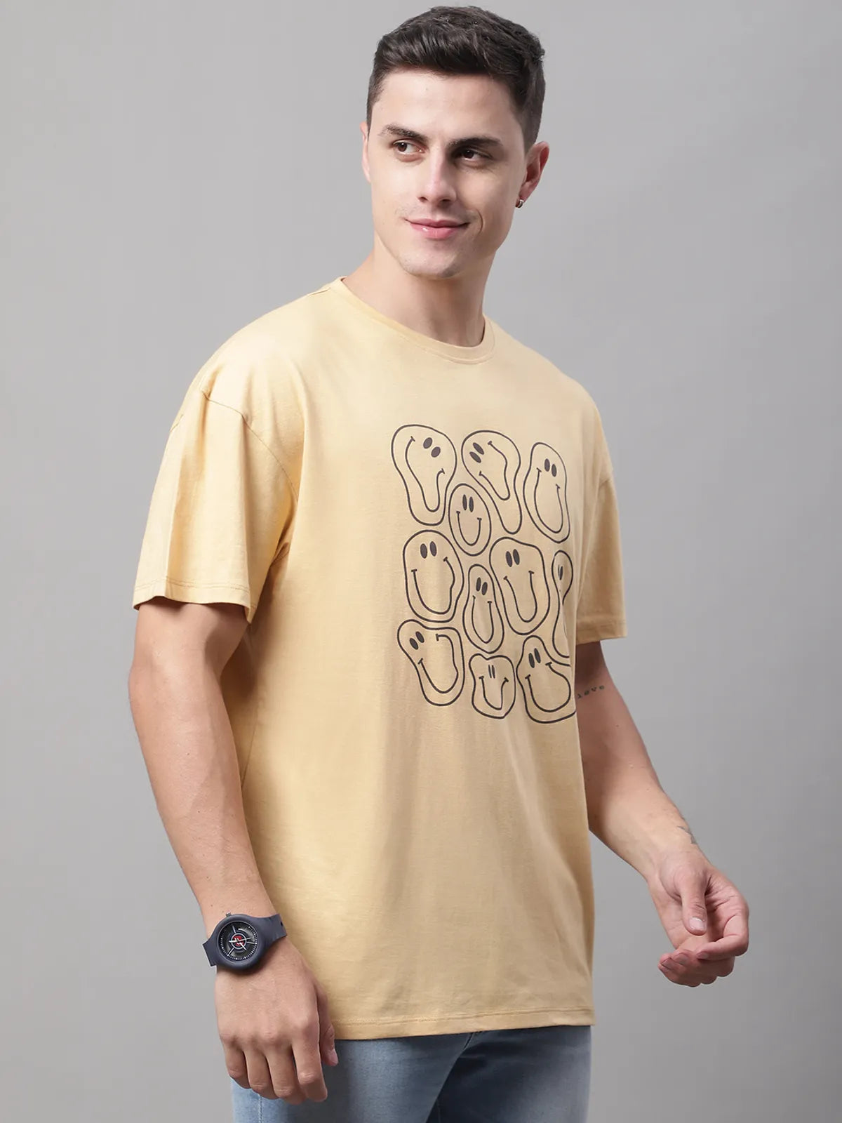 Beige Cotton Printed Oversized T-shirt For Men