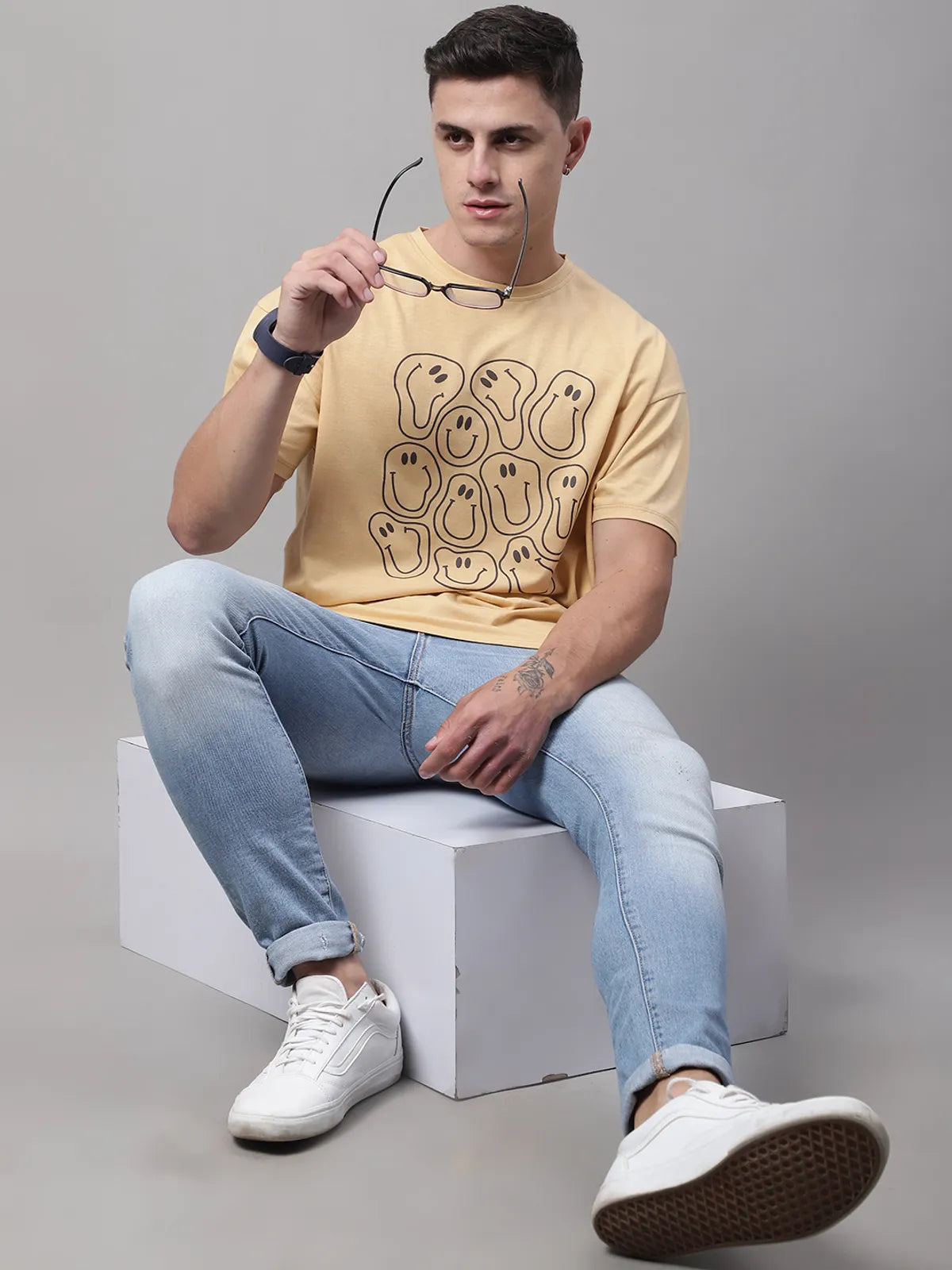 Beige Cotton Printed Oversized T-shirt For Men