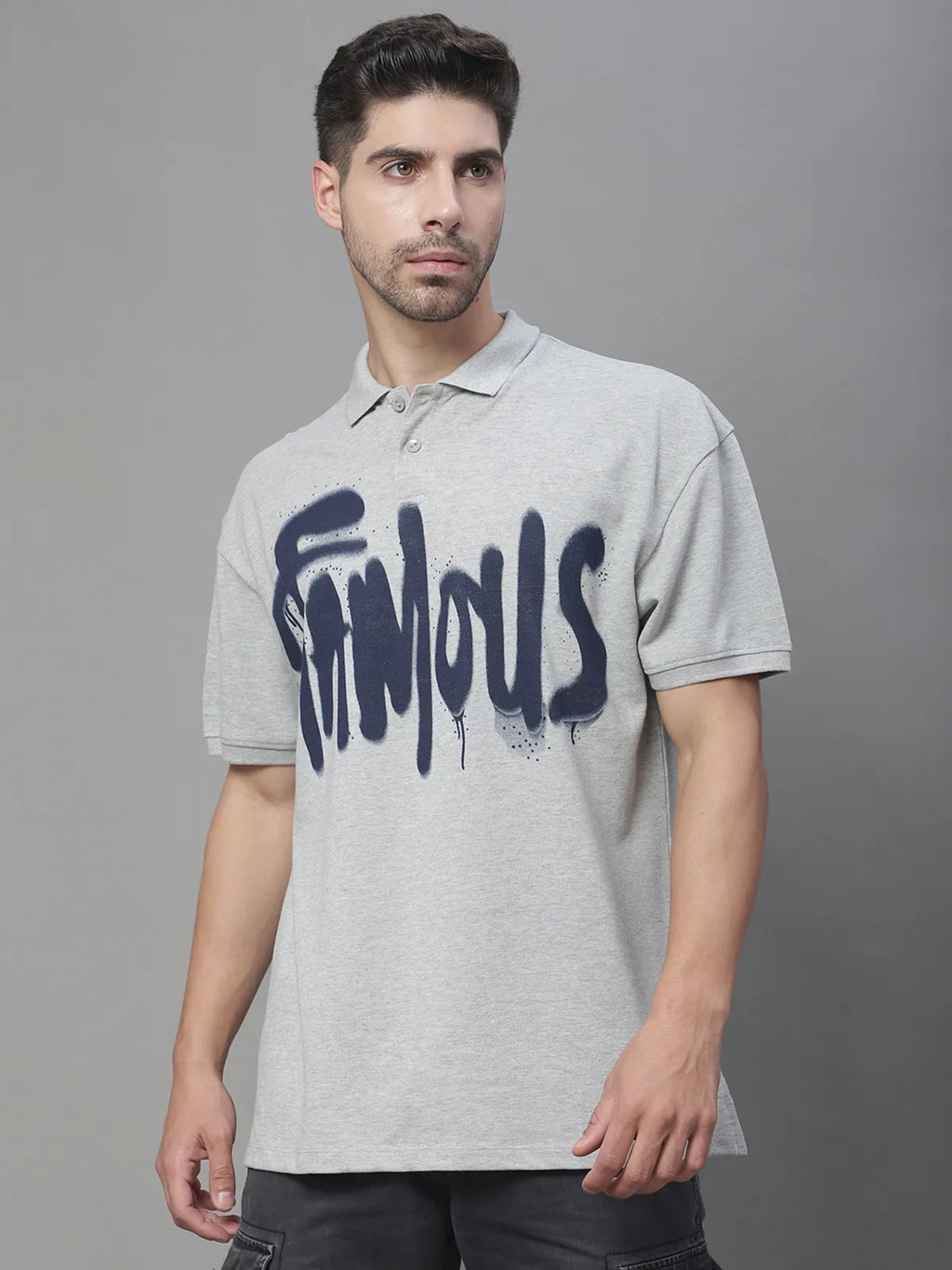 Grey Oversized Printed Polo T-shirt for Men
