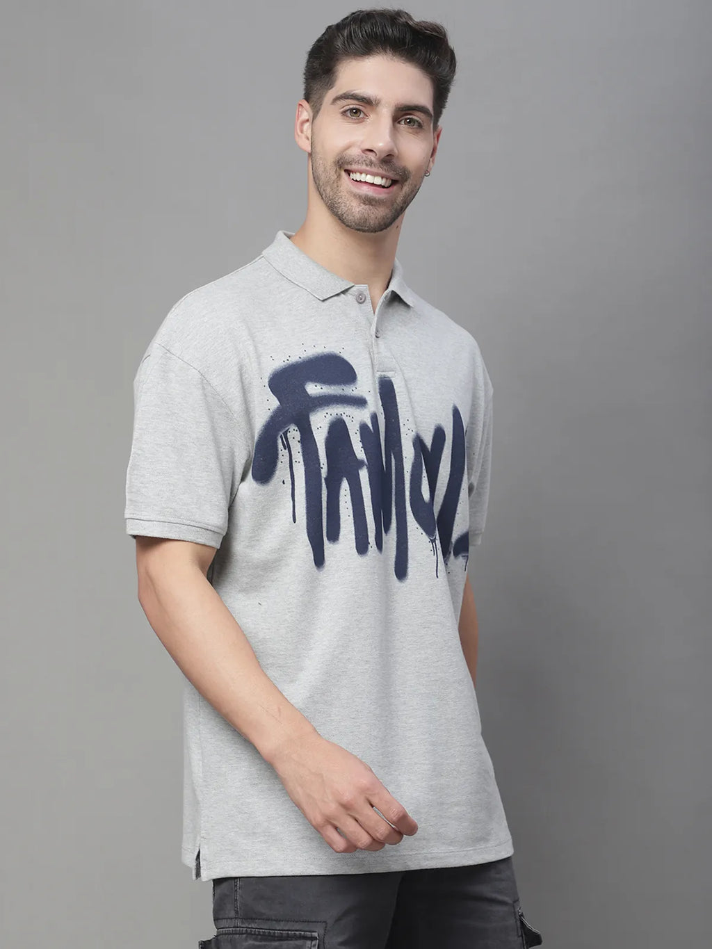 Grey Oversized Printed Polo T-shirt for Men