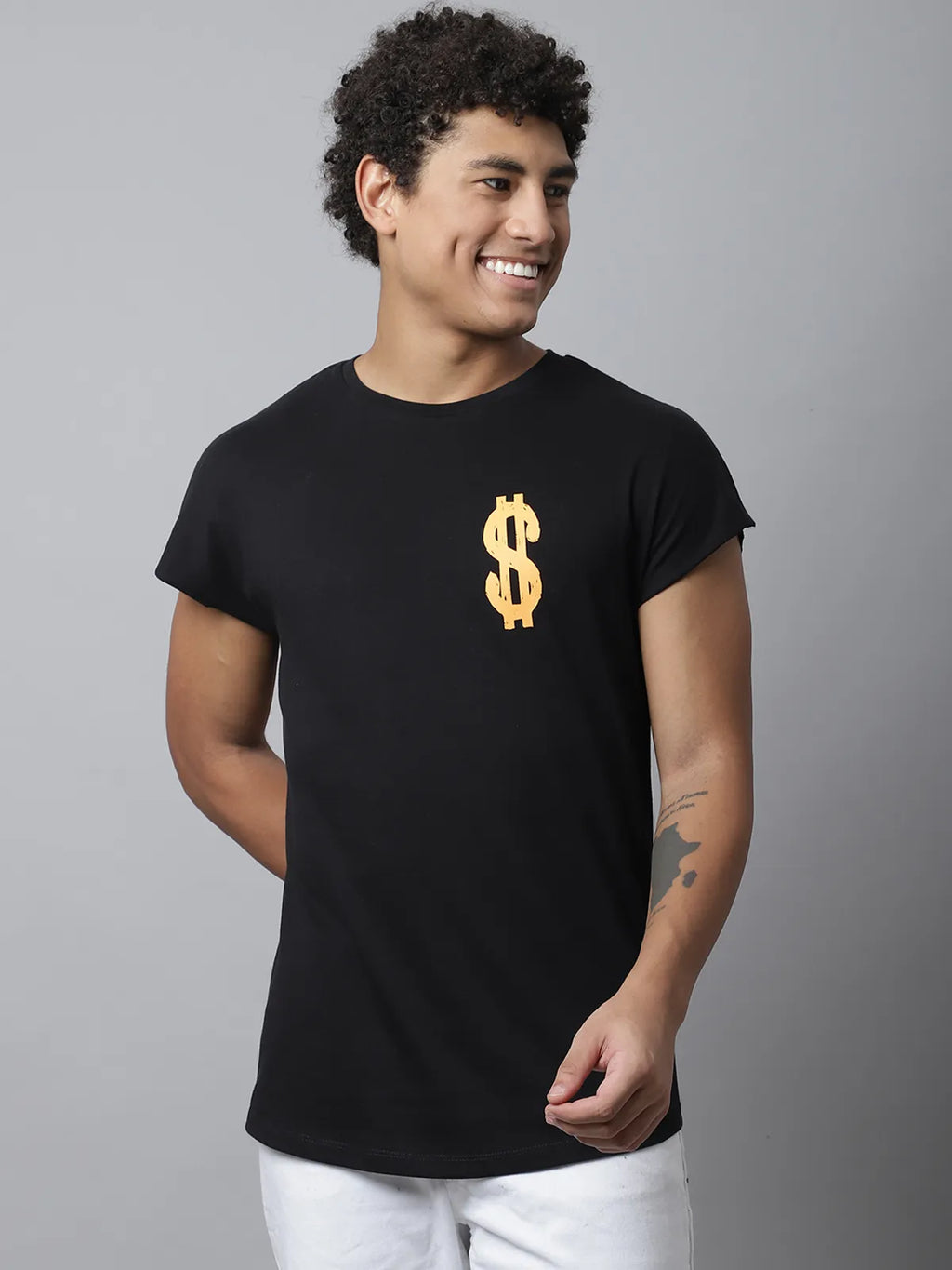 Black Cotton Printed Dollar Sign Regular-Fit T-shirt For Men