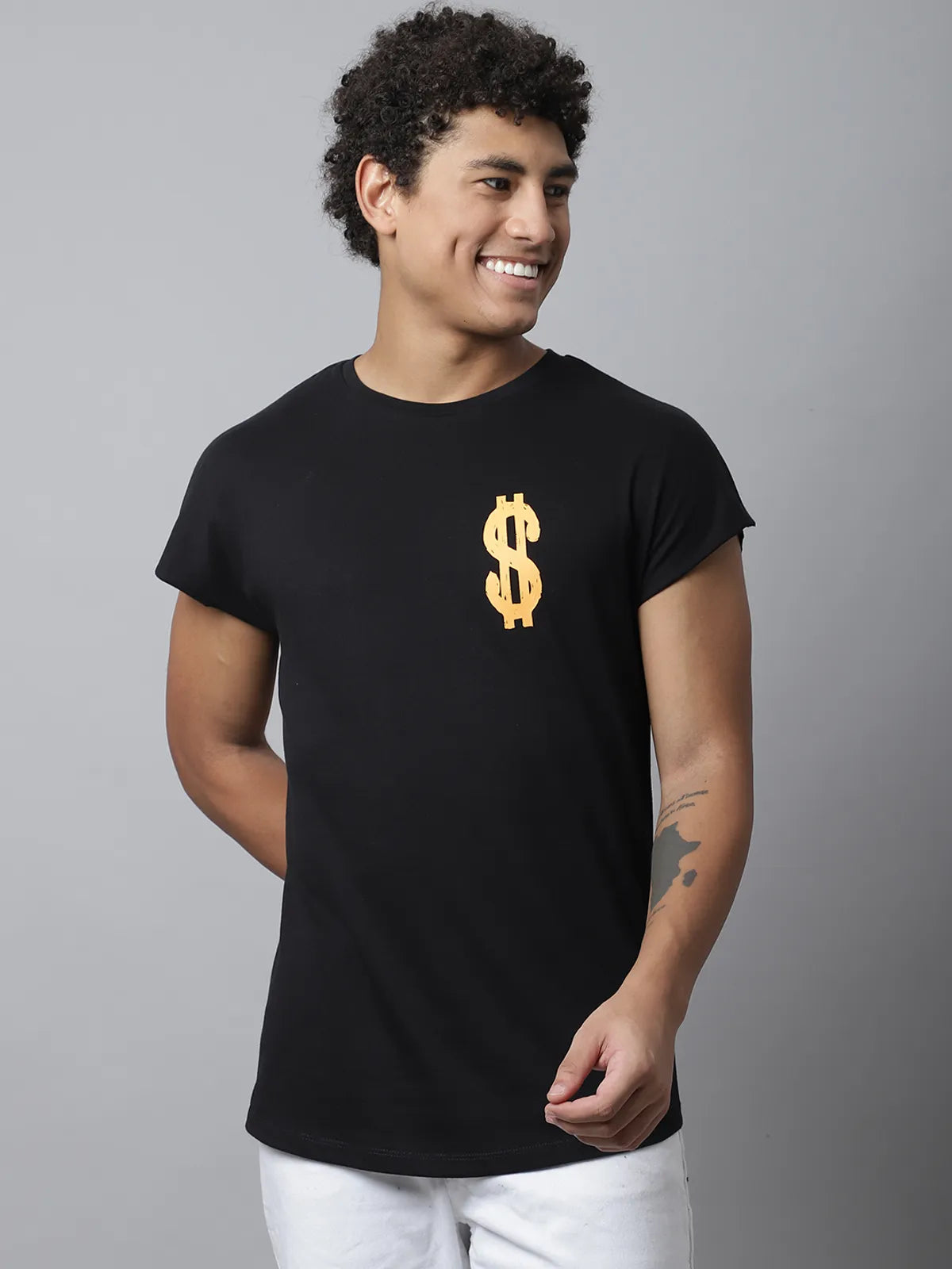 Black Cotton Printed Dollar Sign Regular-Fit T-shirt For Men