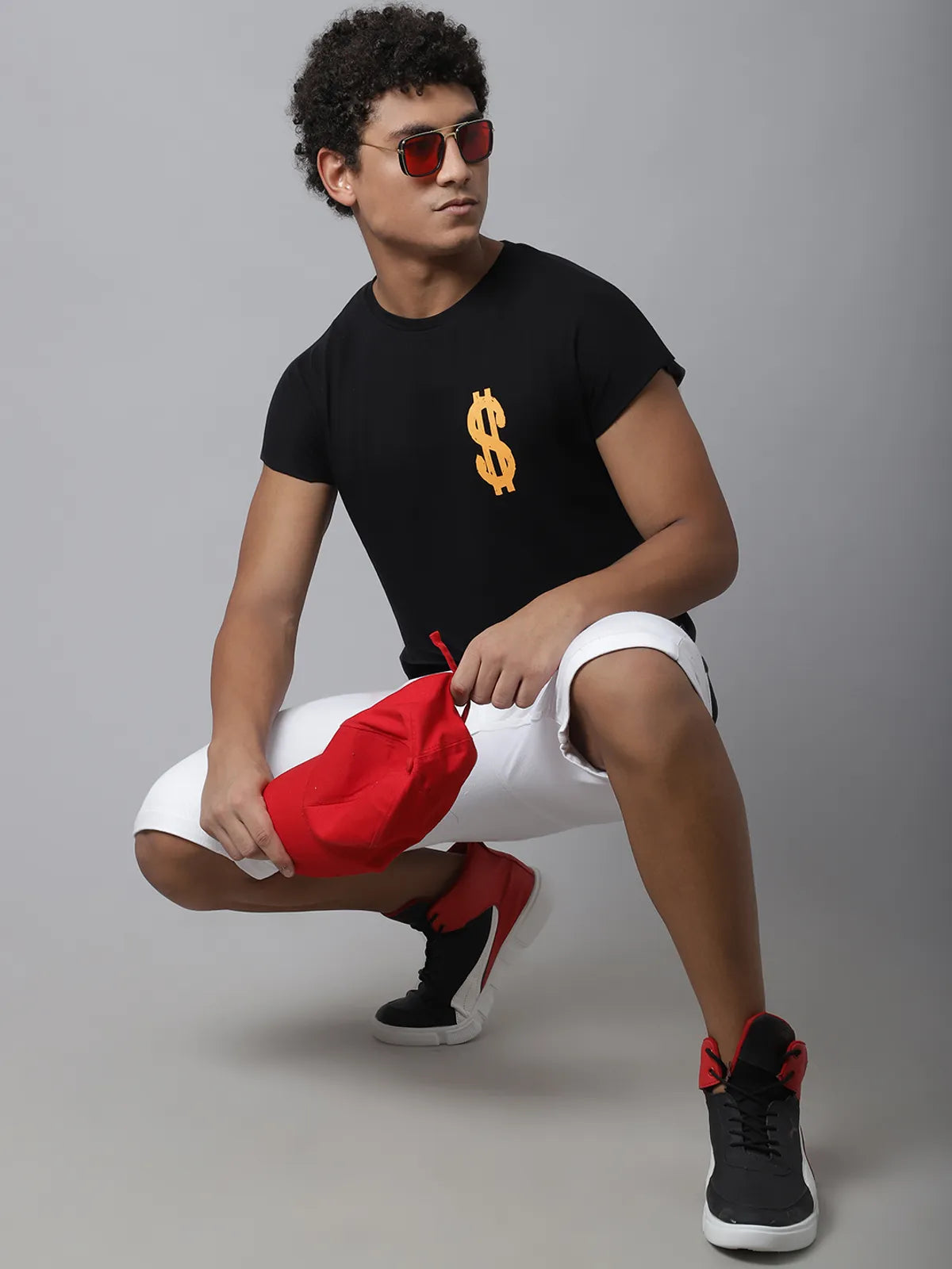Black Cotton Printed Dollar Sign Regular-Fit T-shirt For Men