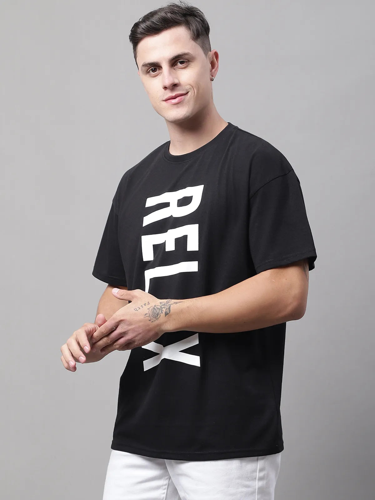 Black Vertical Text Printed Oversized T-shirt For Men