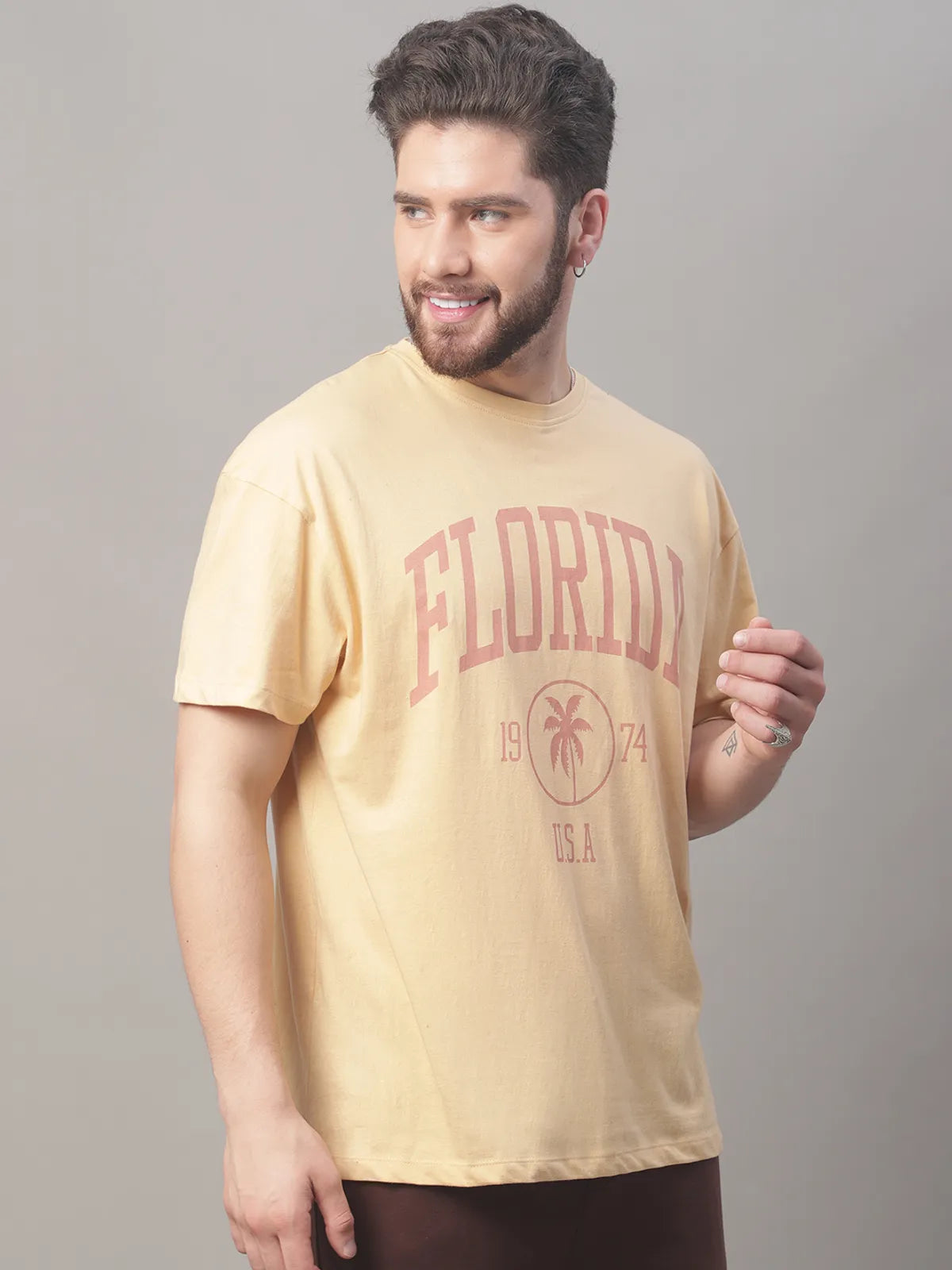 Beige Cotton Printed Oversized T-shirt For Men