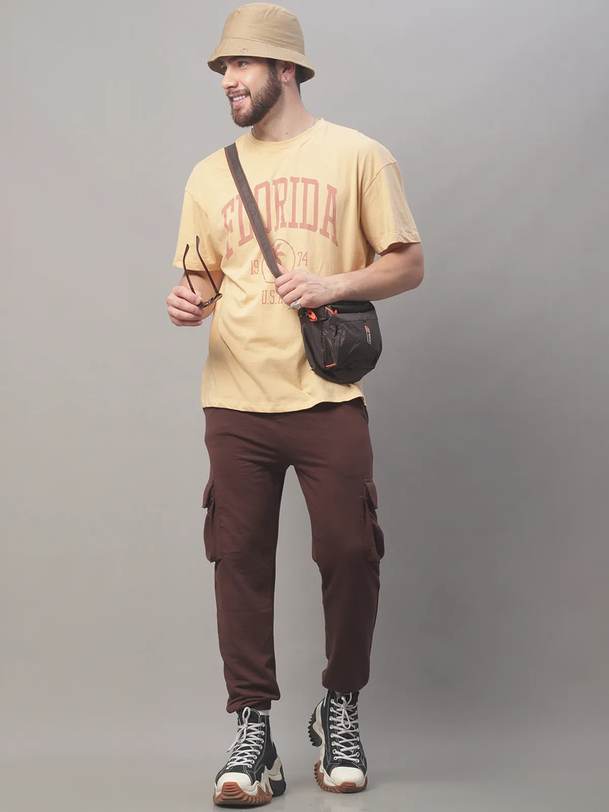 Beige Cotton Printed Oversized T-shirt For Men