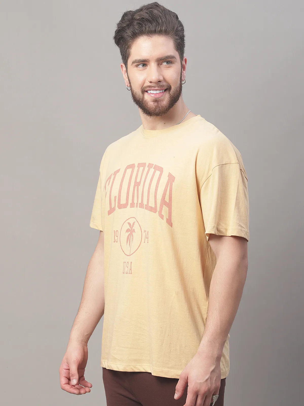 Beige Cotton Printed Oversized T-shirt For Men