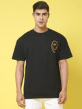Black Smiley-Printed Oversized T-shirt For Men