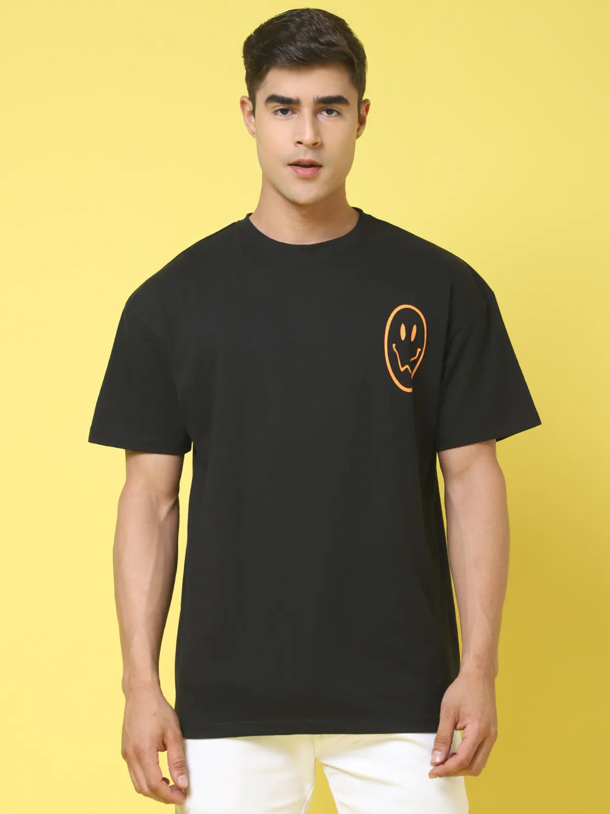 Black Smiley-Printed Oversized T-shirt For Men