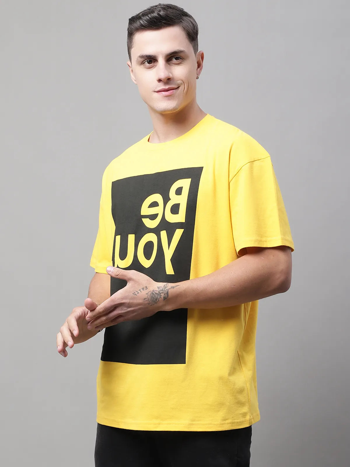 Yellow Cotton Printed Oversized T-Shirt For Men