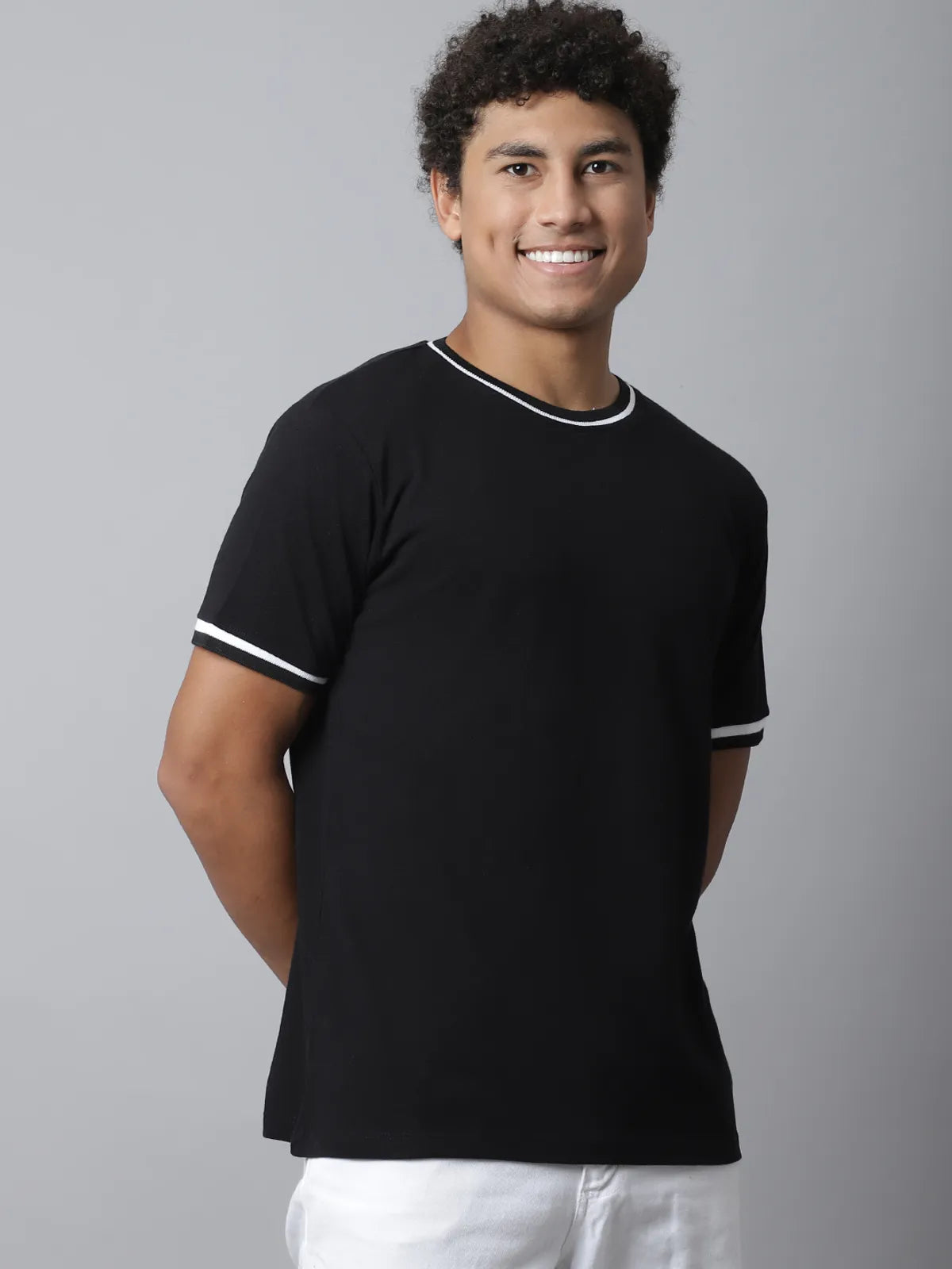 Black Cotton Regular-Fit Ringer T-shirt For Men