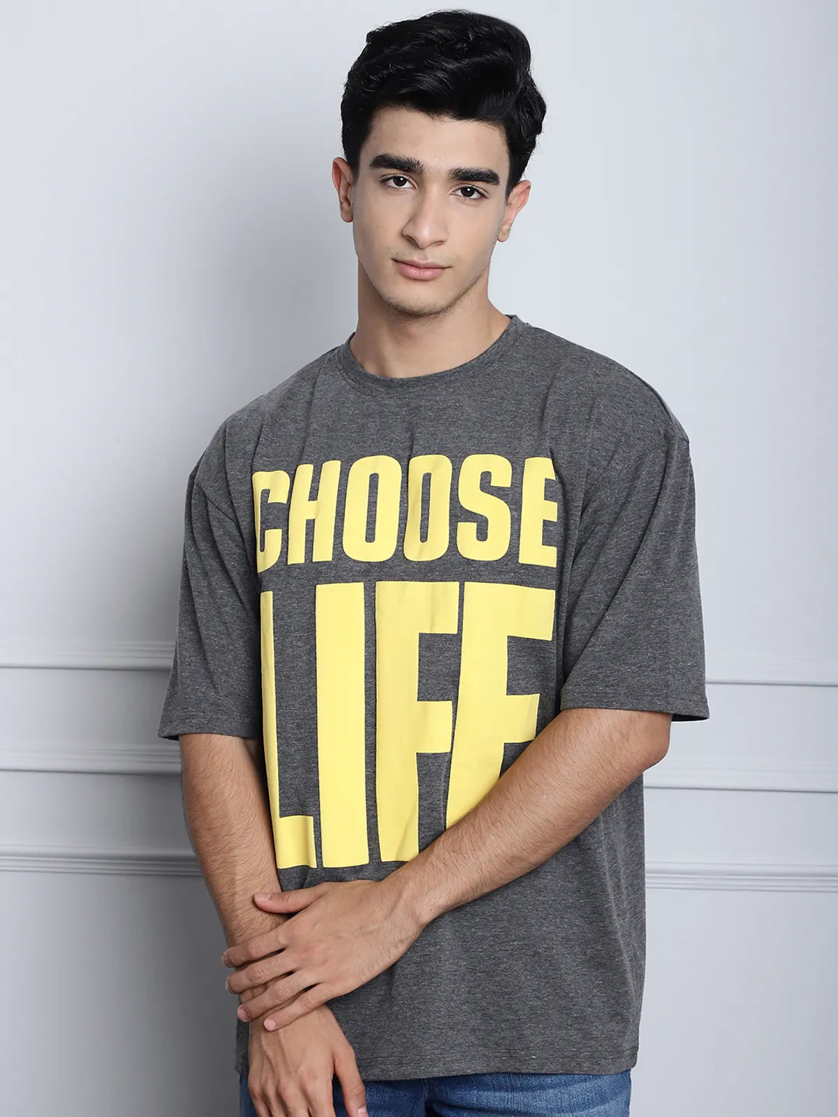 Dark Grey Cotton Printed Oversized T-shirt For Men