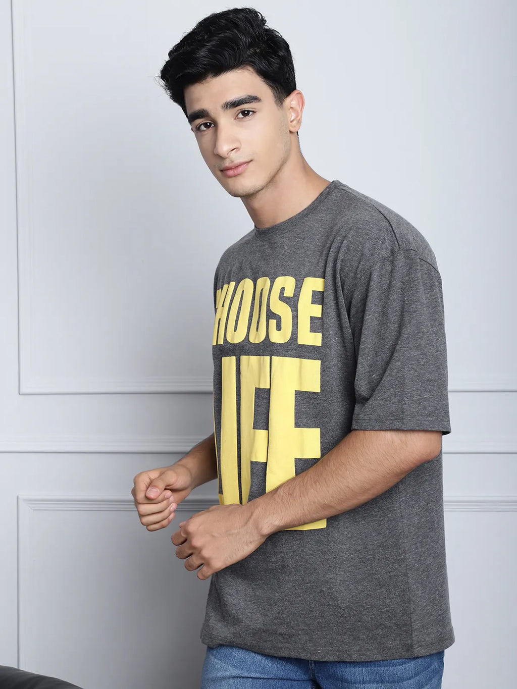 Dark Grey Cotton Printed Oversized T-shirt For Men