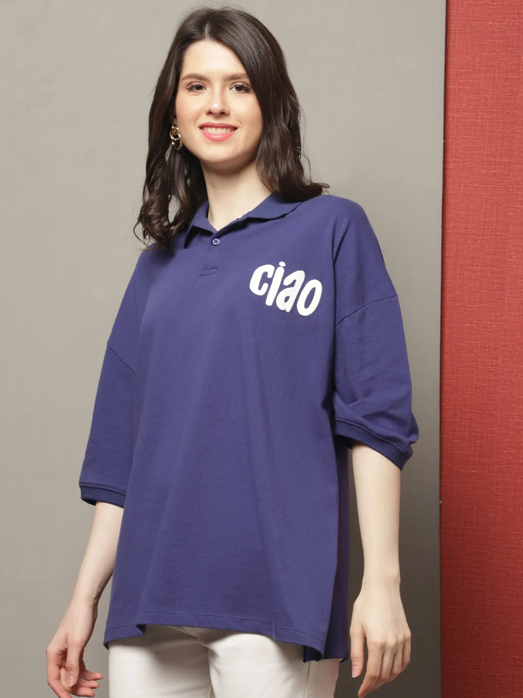 Navy Blue Cotton Printed Oversized Polo-Collar T-shirt For Women