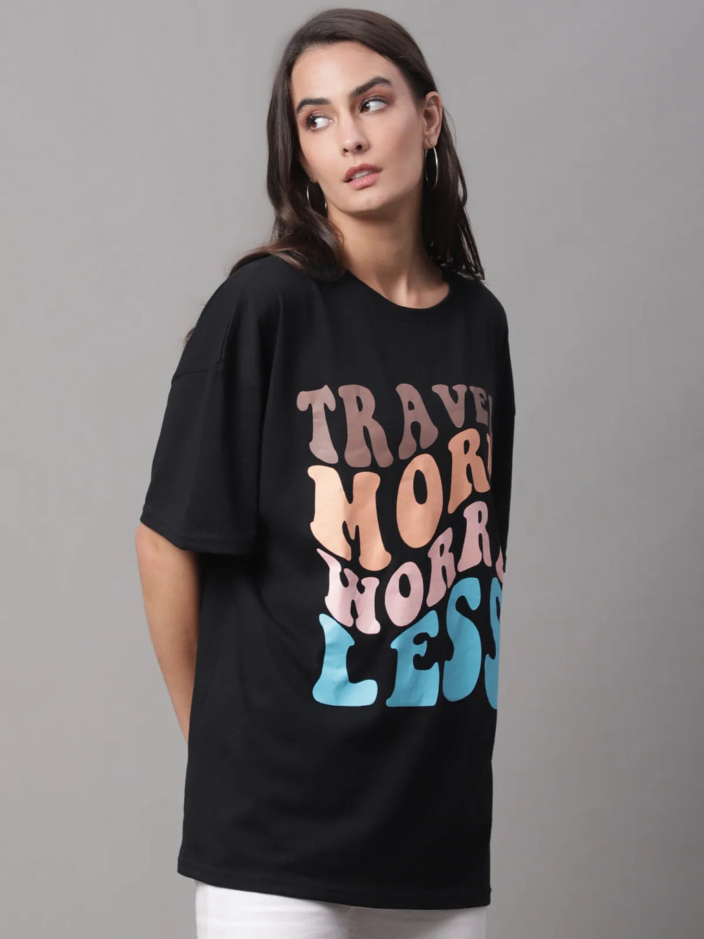 Black Cotton Printed Oversized T-shirt For Women