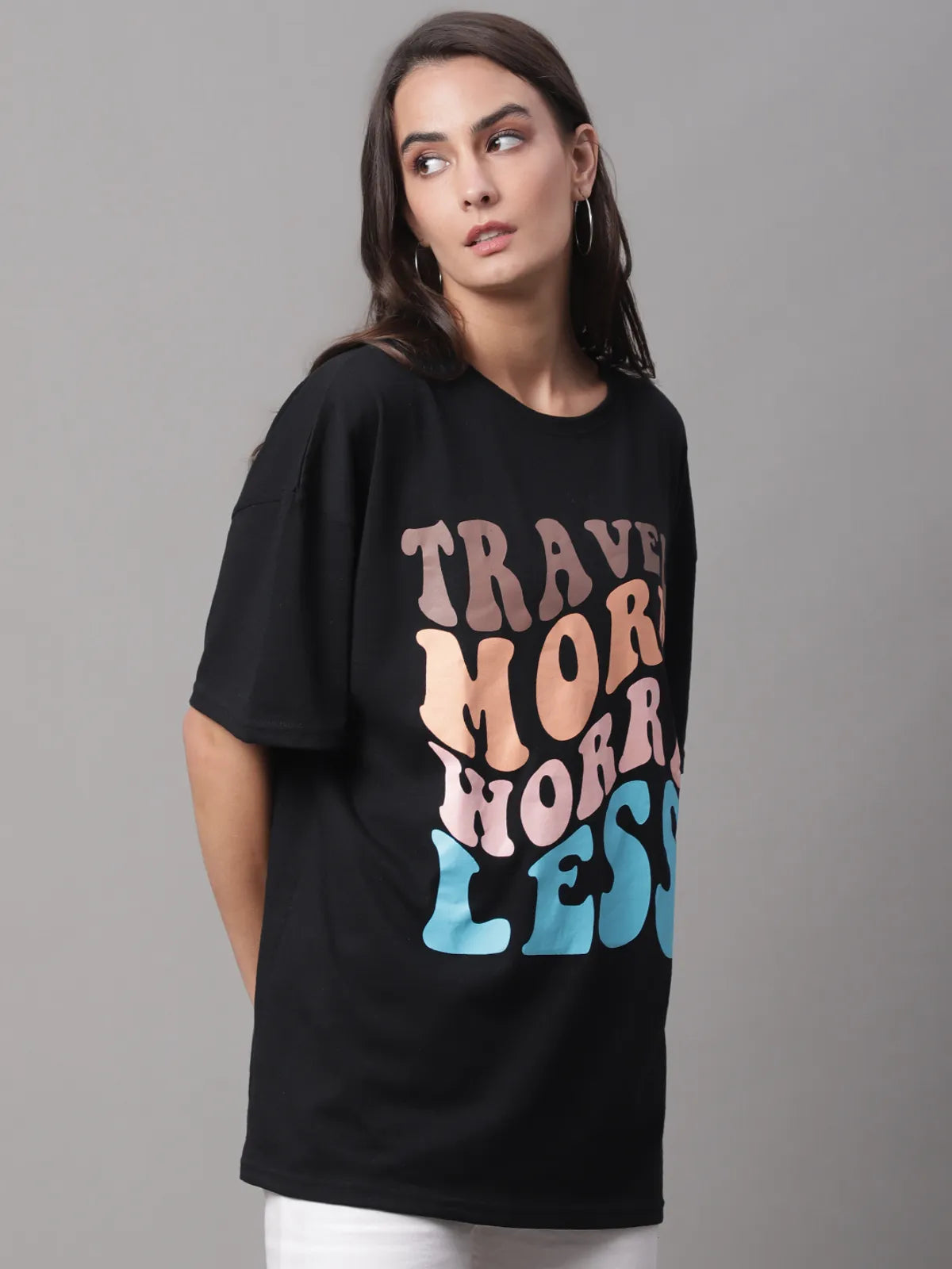 Black Cotton Printed Oversized T-shirt For Women