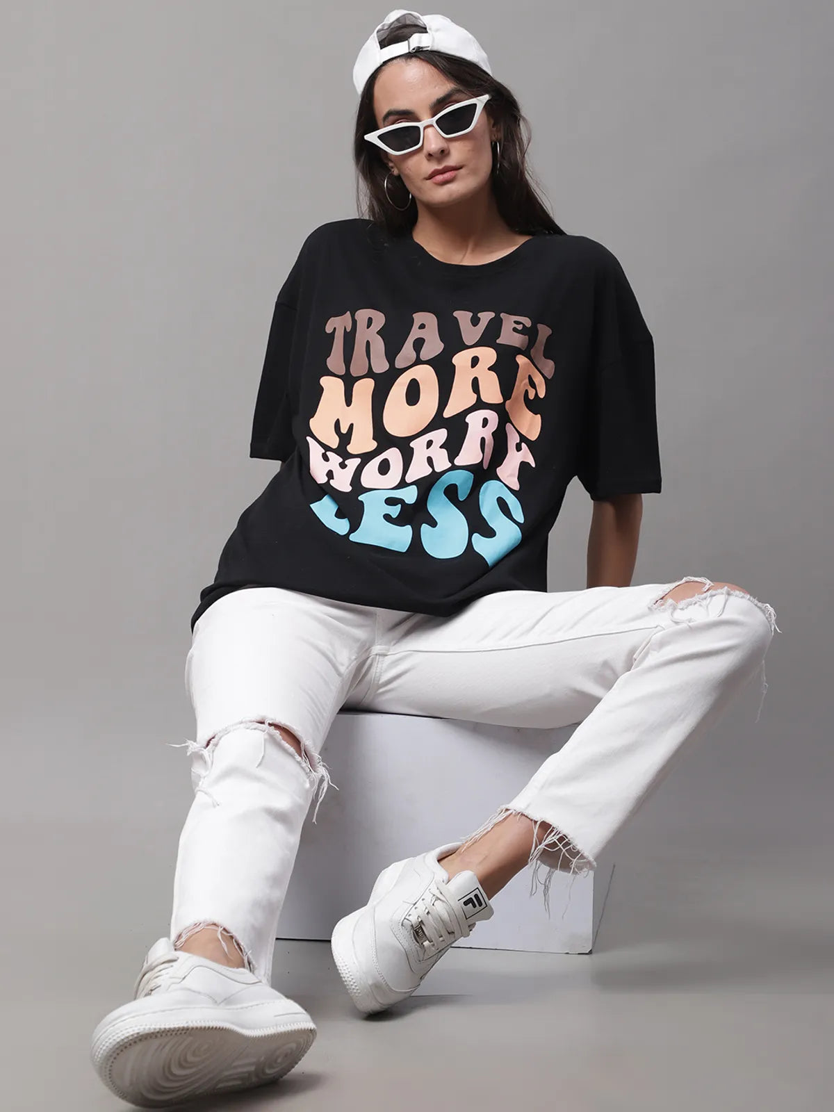 Black Cotton Printed Oversized T-shirt For Women