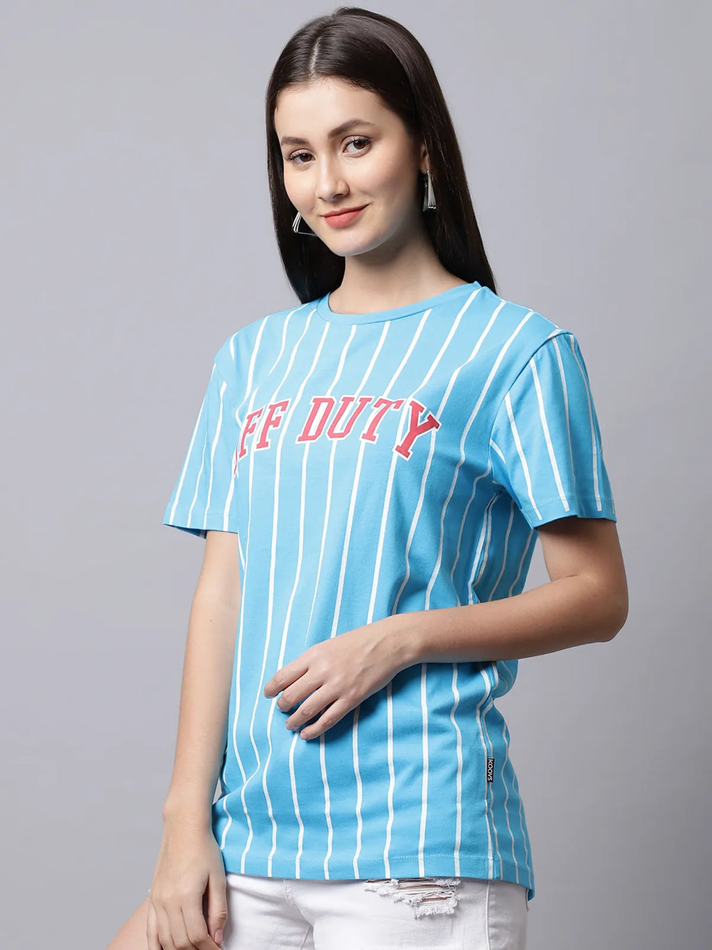 Blue Cotton Printed Regular-Fit Round-Neck T-shirt For Women