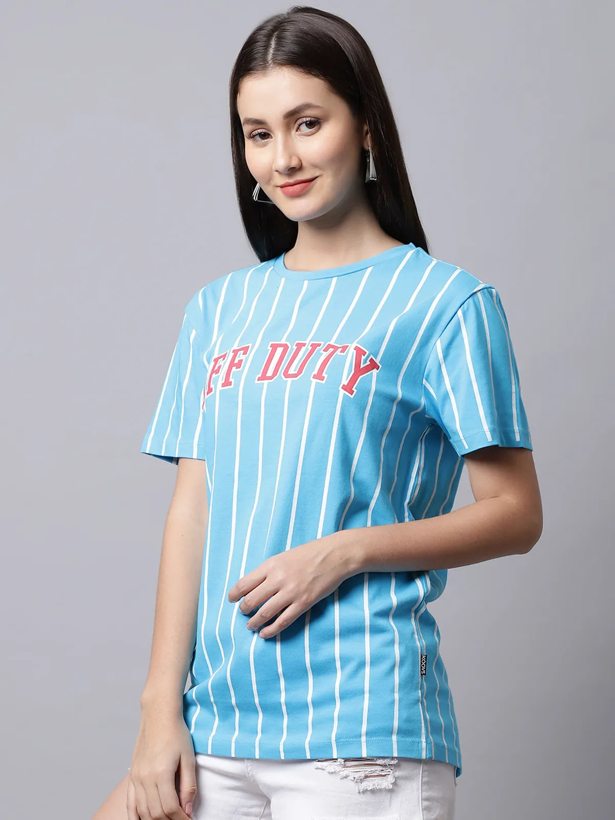 Blue Cotton Printed Regular-Fit Round-Neck T-shirt For Women