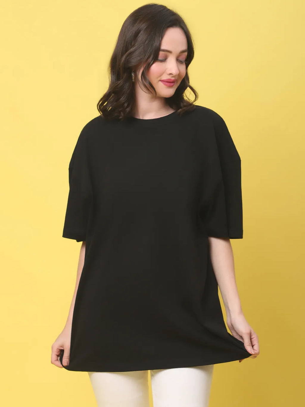Black Cotton Solid Oversized Round-Neck T-shirt For Women