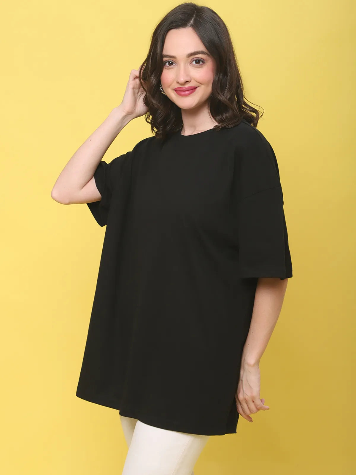 Black Cotton Solid Oversized Round-Neck T-shirt For Women