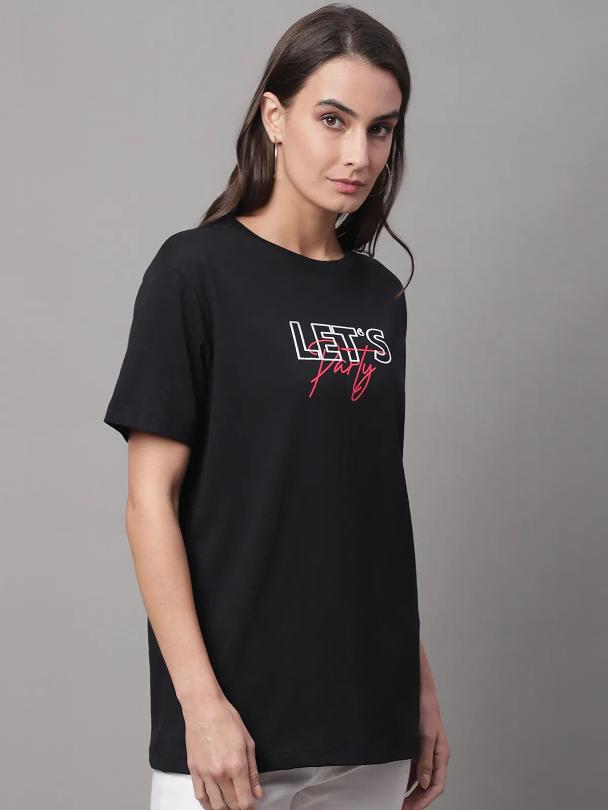 Black Cotton Printed Regular-Fit Round-Neck T-shirt For Women