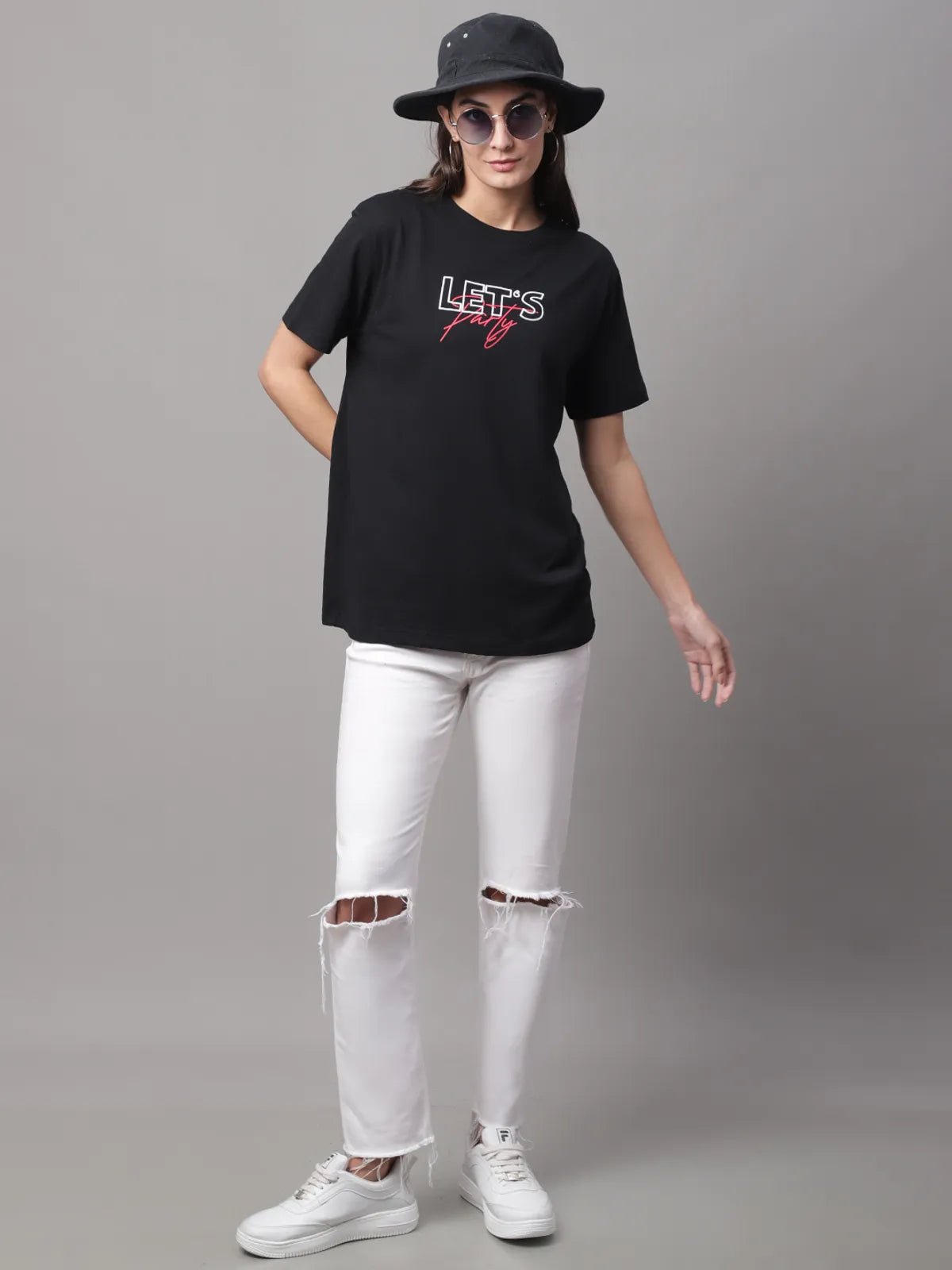 Black Cotton Printed Regular-Fit Round-Neck T-shirt For Women