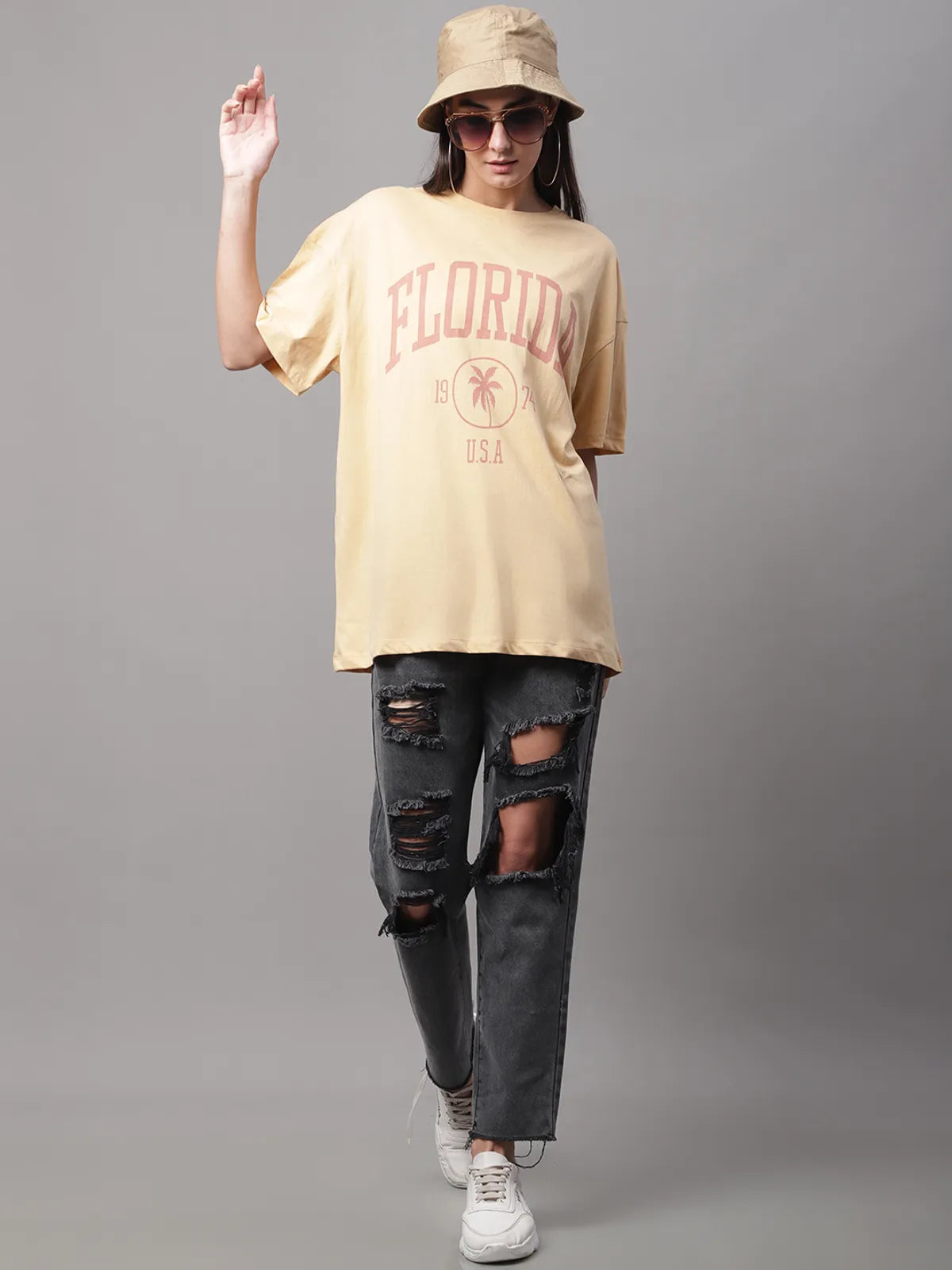 Beige Cotton Printed Oversized Round Neck T-shirt For Women