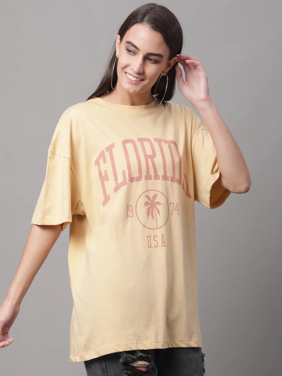 Beige Cotton Printed Oversized Round Neck T-shirt For Women