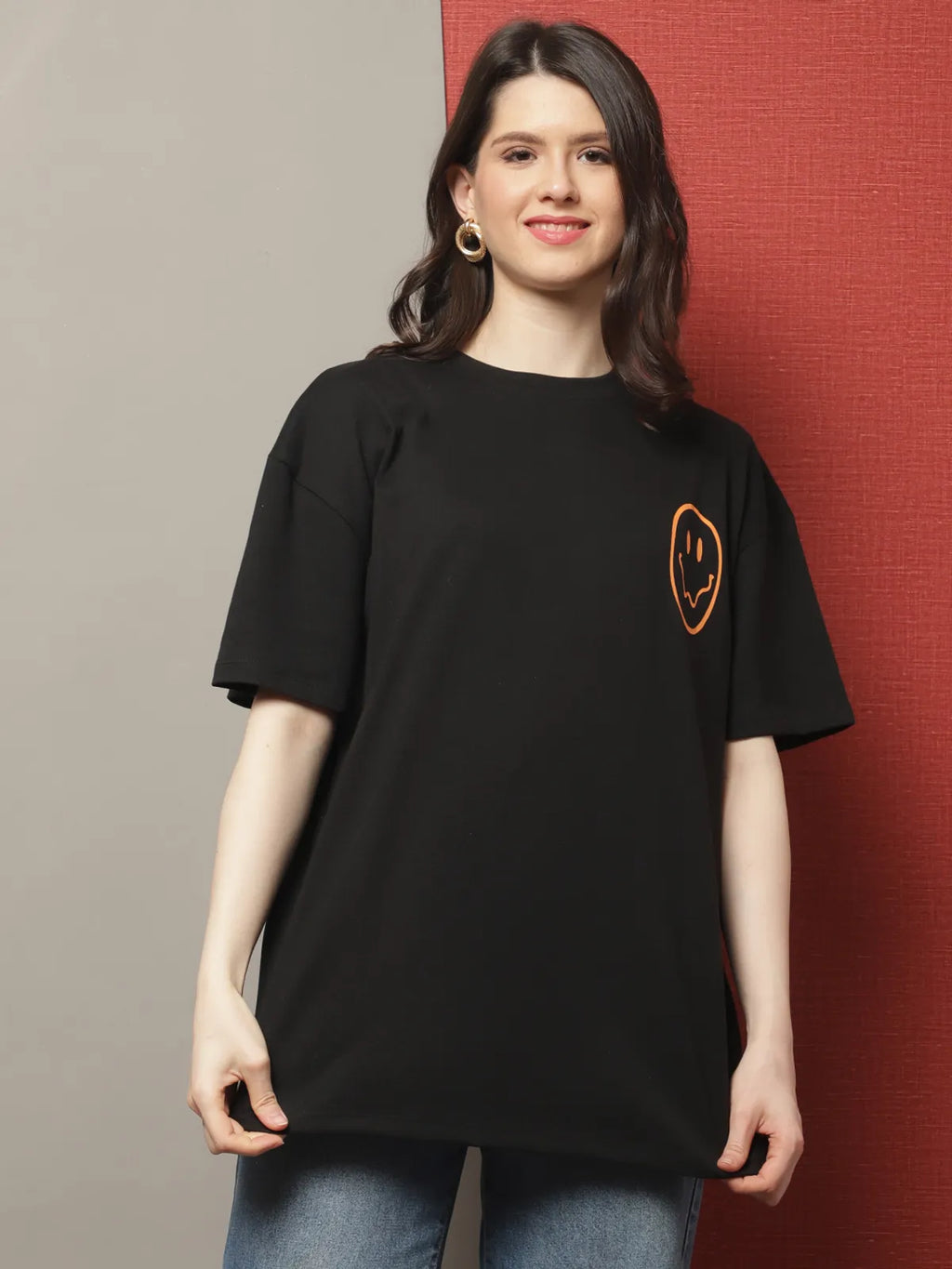 Black Casual Cotton Printed Oversized T-shirt For Women