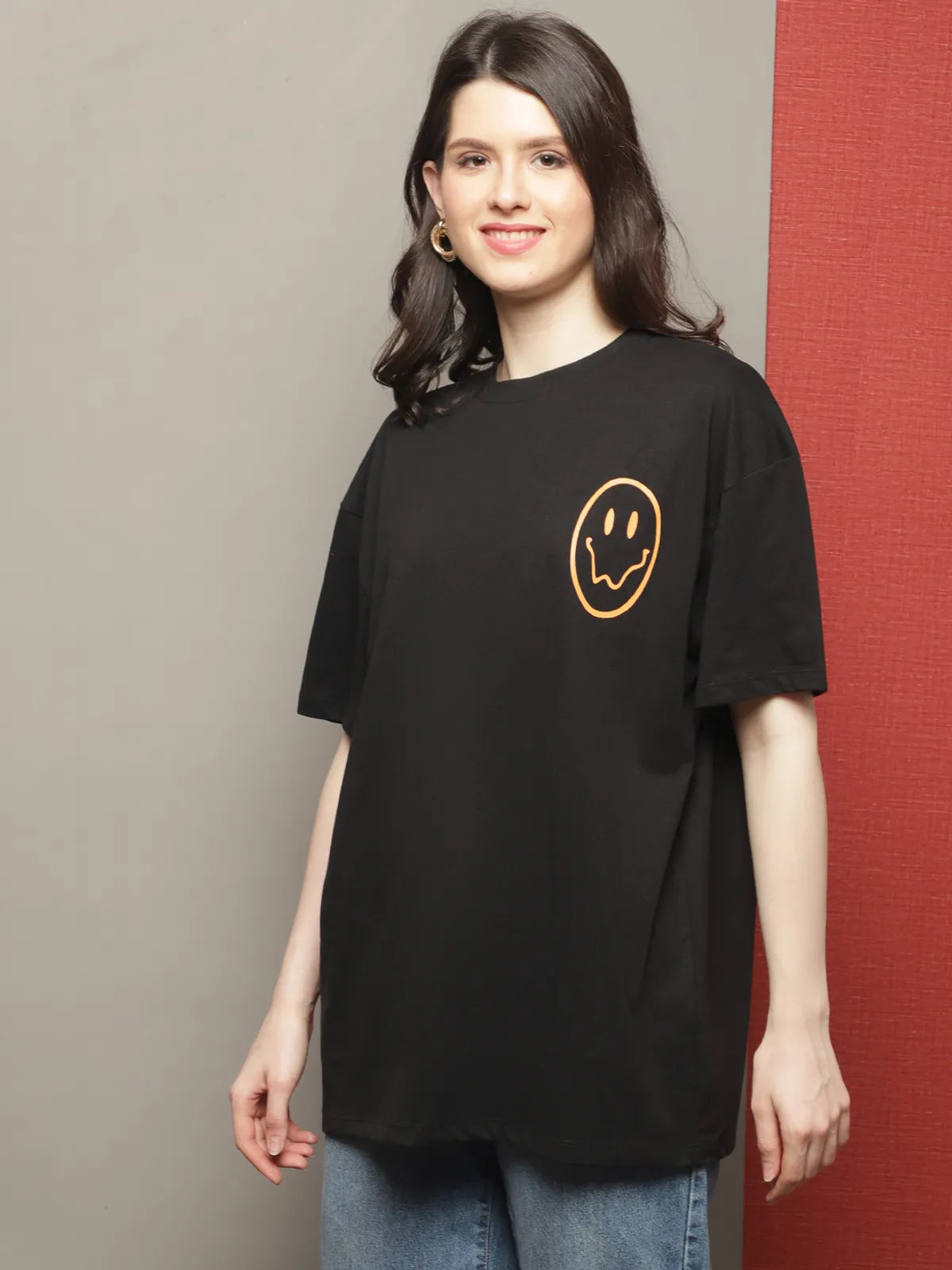 Black Casual Cotton Printed Oversized T-shirt For Women