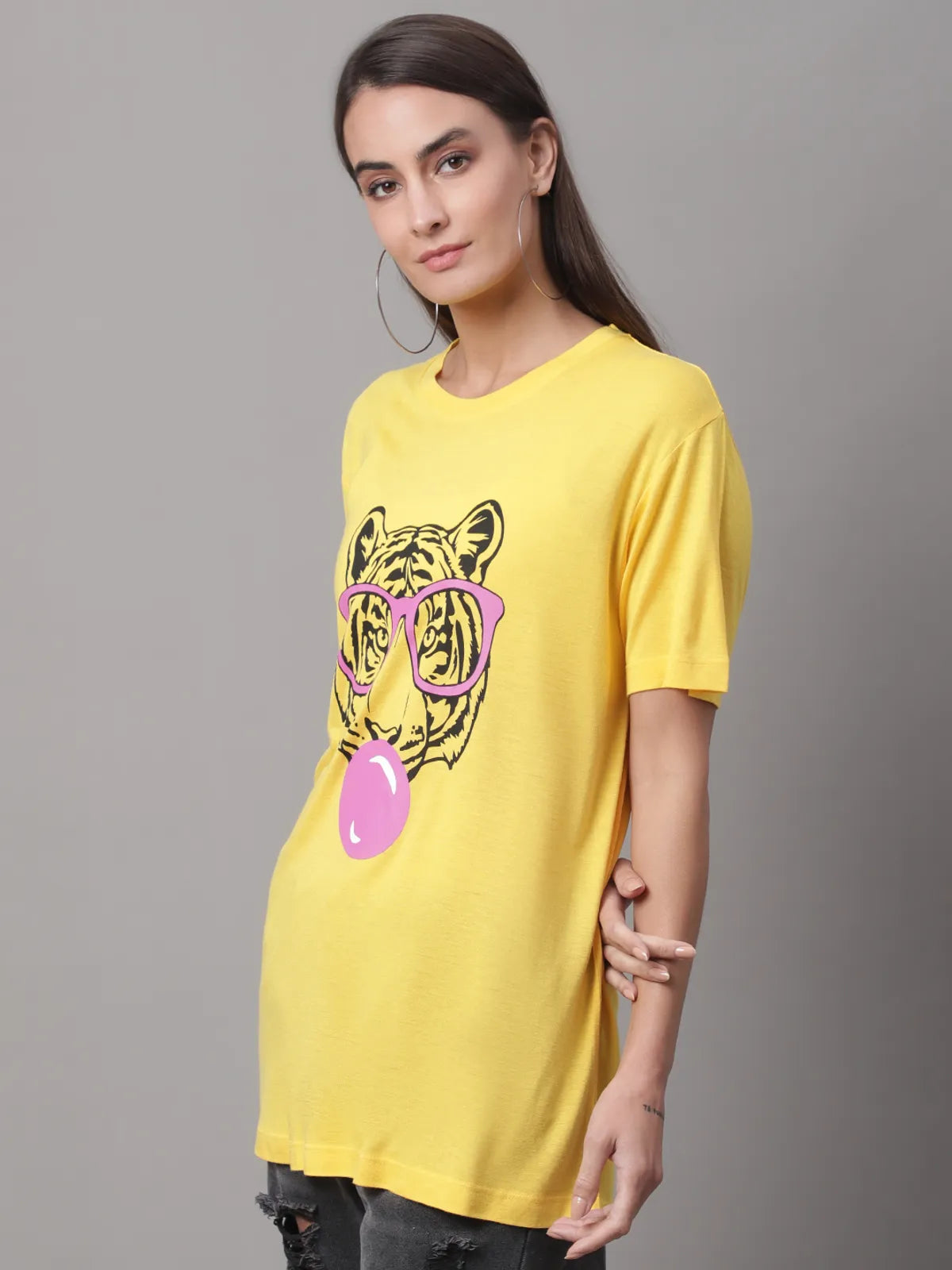 Yellow Cotton Printed Regular Fit Round Neck T-Shirt For Women