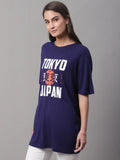 Navy Blue Cotton Printed Regular-Fit Round-Neck T-shirt For Women