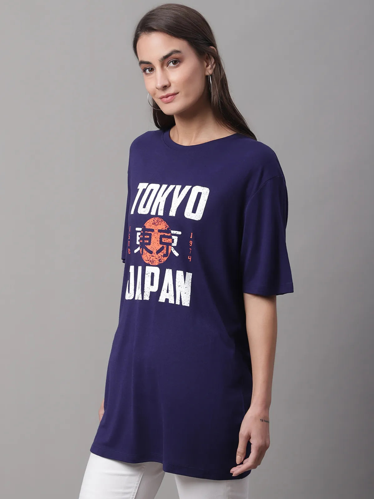 Navy Blue Cotton Printed Regular-Fit Round-Neck T-shirt For Women