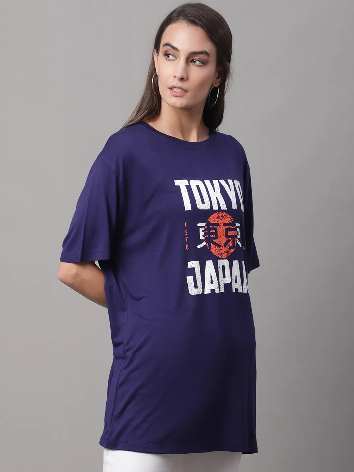Navy Blue Cotton Printed Regular-Fit Round-Neck T-shirt For Women