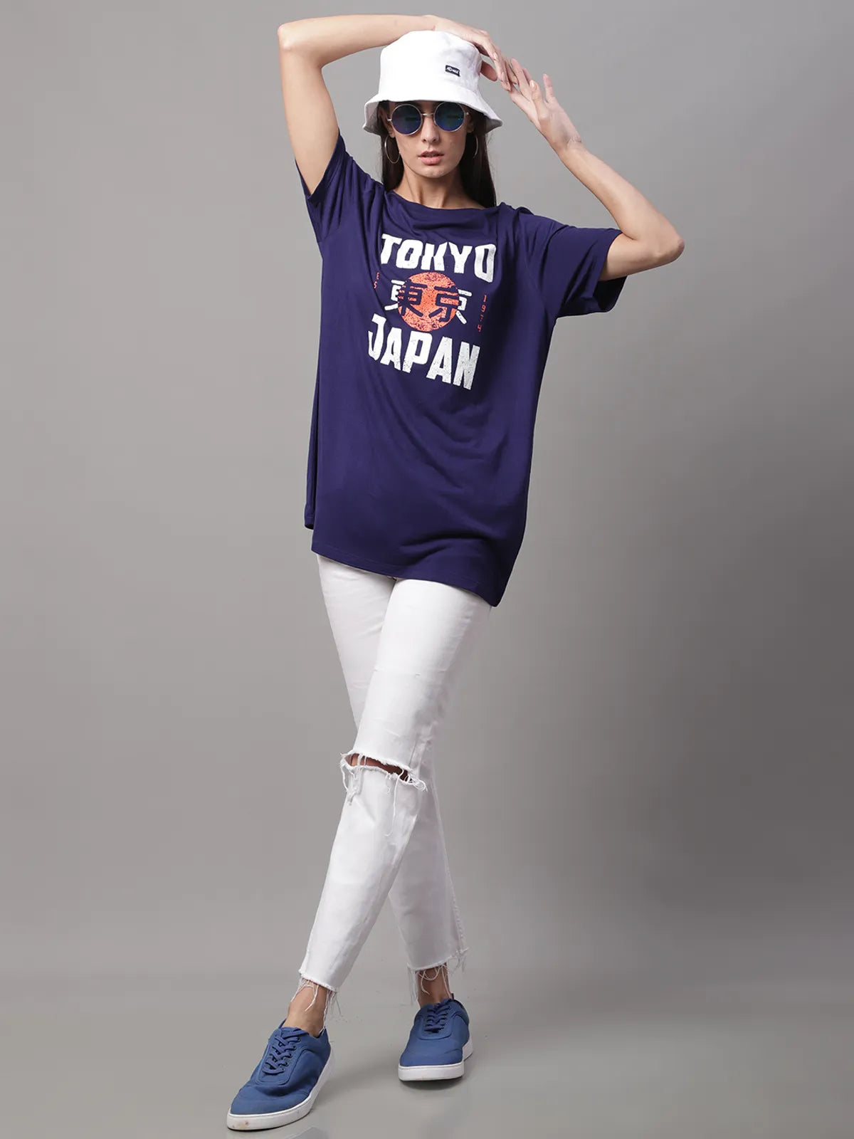 Navy Blue Cotton Printed Regular-Fit Round-Neck T-shirt For Women