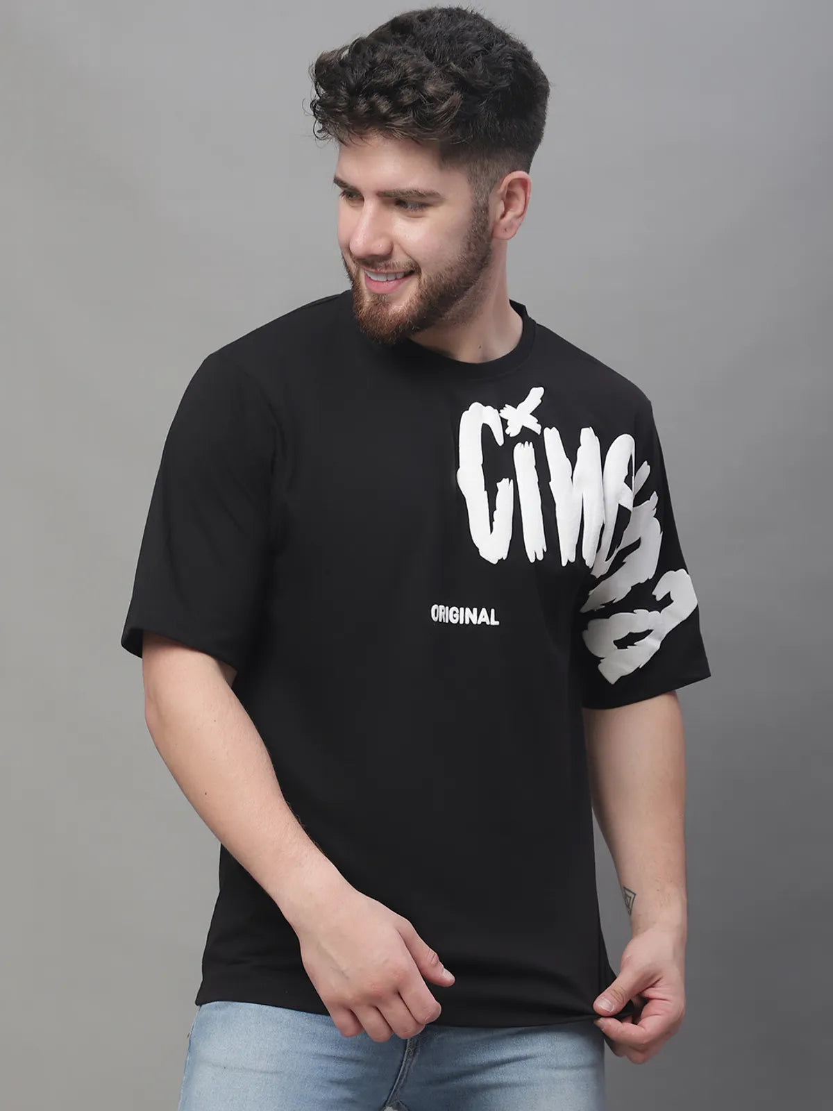 Black Cotton Printed Oversized T-shirt For Men