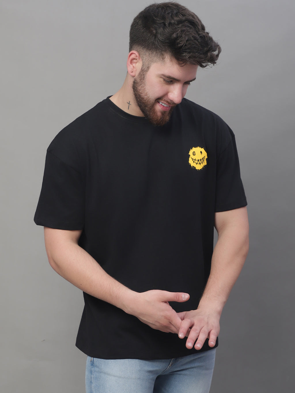 Black Smiley Face Printed Oversized T-shirt For Men