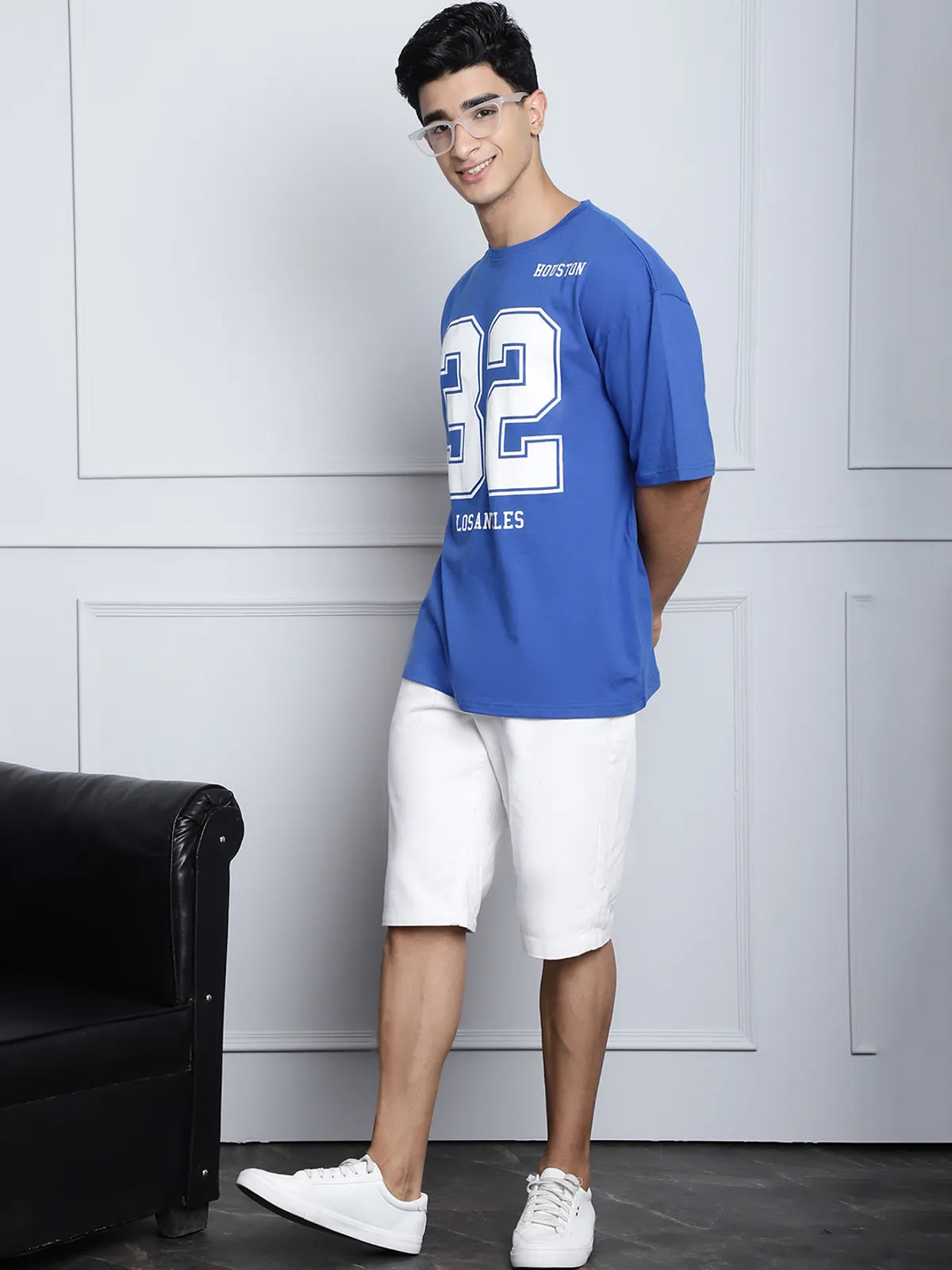 Royal Blue 32 Print Oversized T-shirt For Men