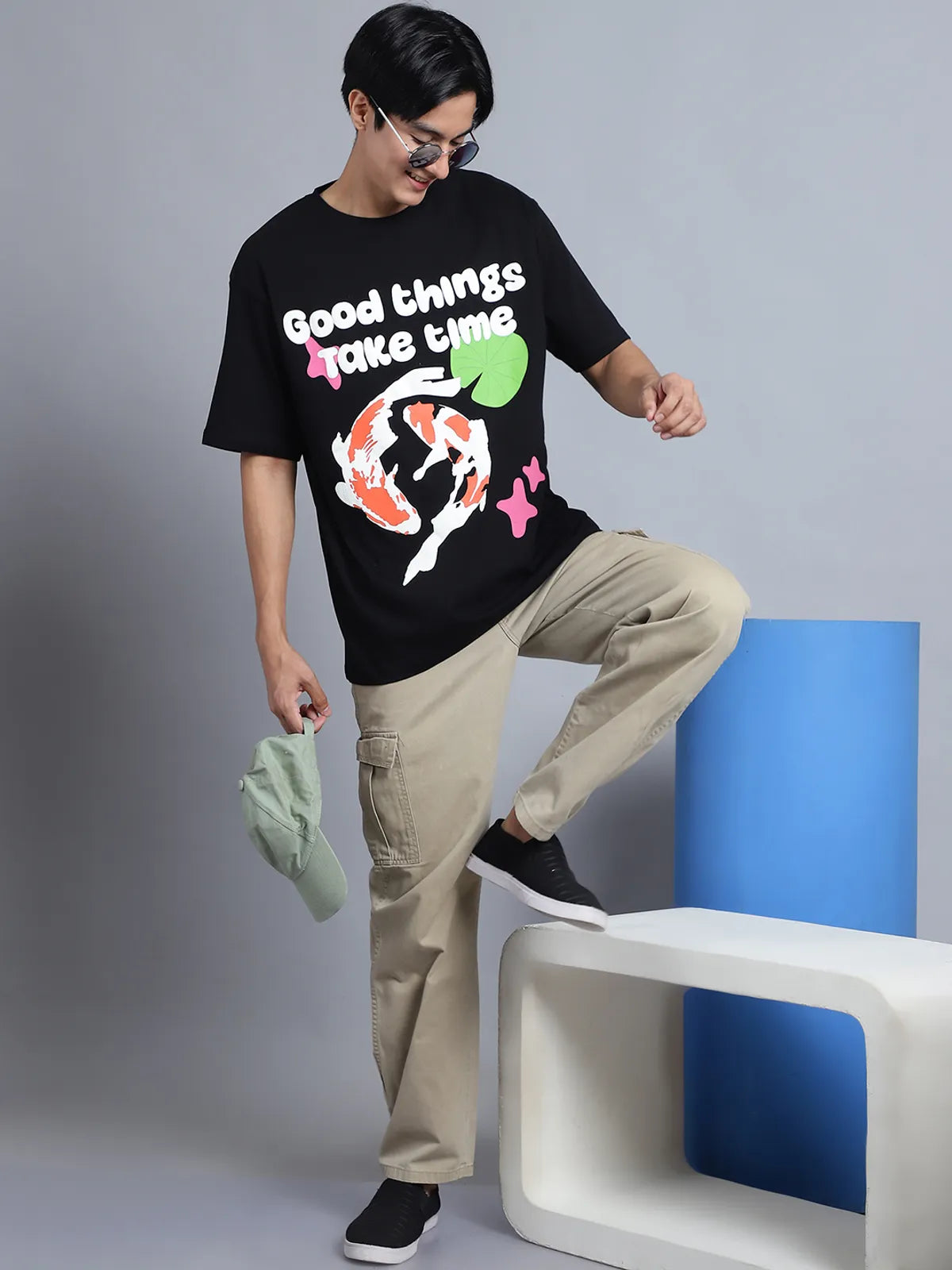 Black Cotton Printed Oversized Round-Neck T-shirt For Men