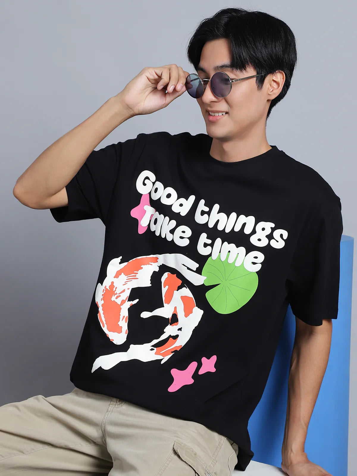 Black Cotton Printed Oversized Round-Neck T-shirt For Men