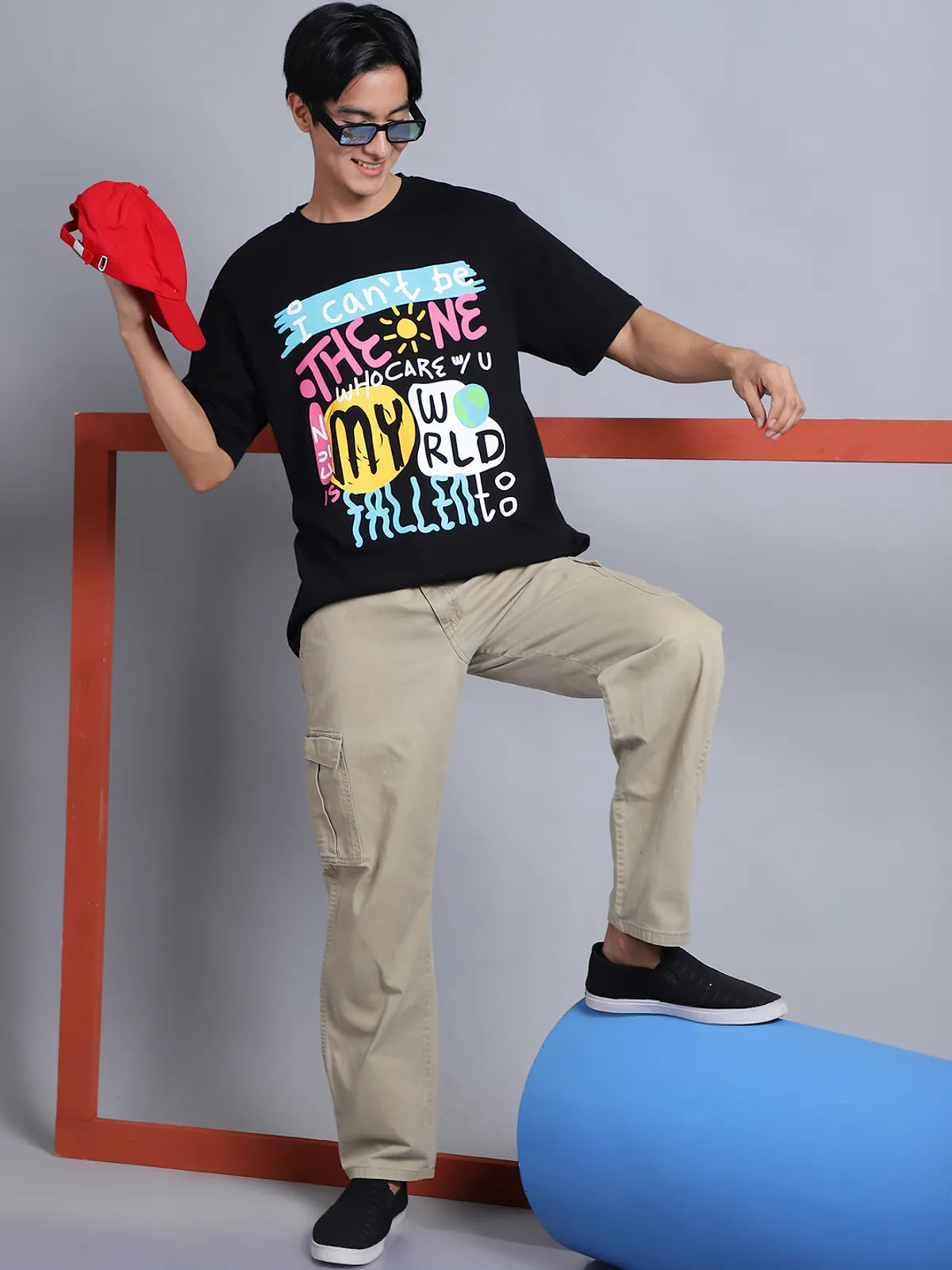 Black Slogan-Printed Oversized T-shirt For Men