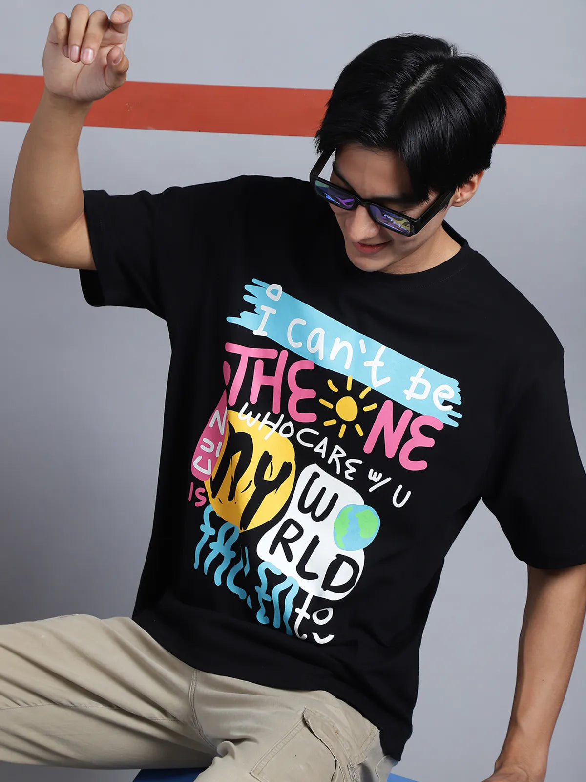 Black Slogan-Printed Oversized T-shirt For Men