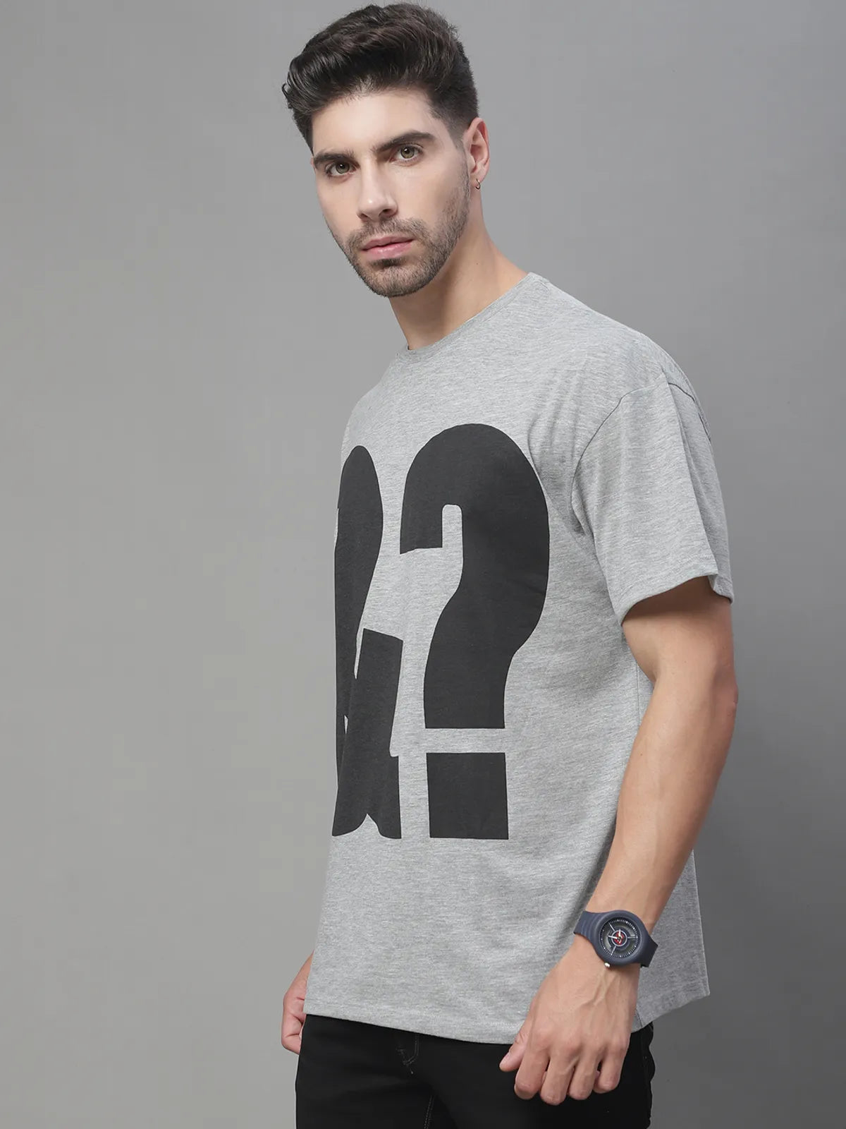 Grey Printed Cotton Oversized T-shirt For Men